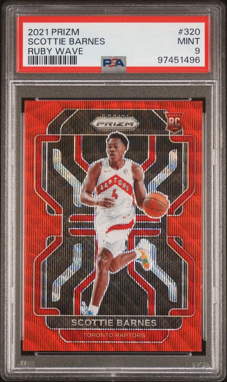 2021-22 Panini Prizm - Ruby Wave Prizm #320 Scottie Barnes (RC). PSA 9. 