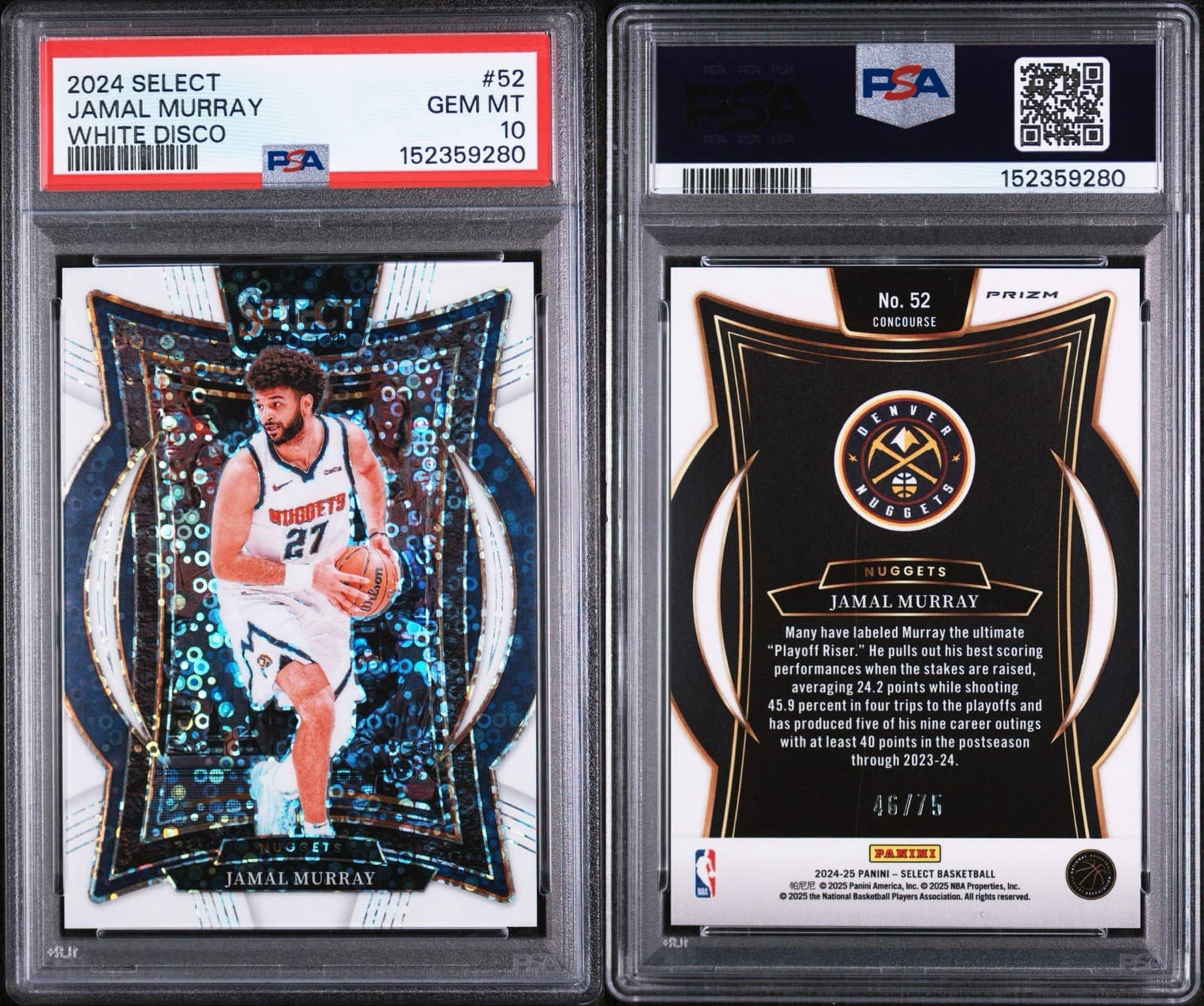 2024 PANINI SELECT #52 JAMAL MURRAY WHITE DISCO /75. PSA 10 GEM MINT