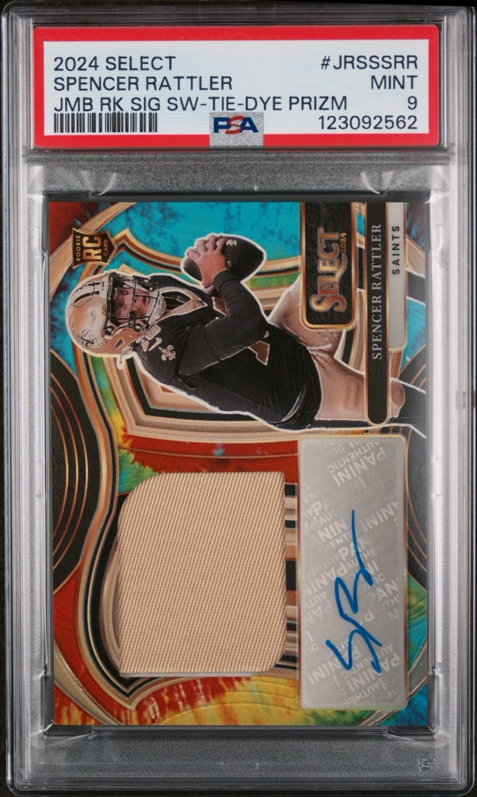 2024 Select Spencer Rattler Jumbo Rookie Signature Swatches Tie-Dye 25/25. PSA 9
