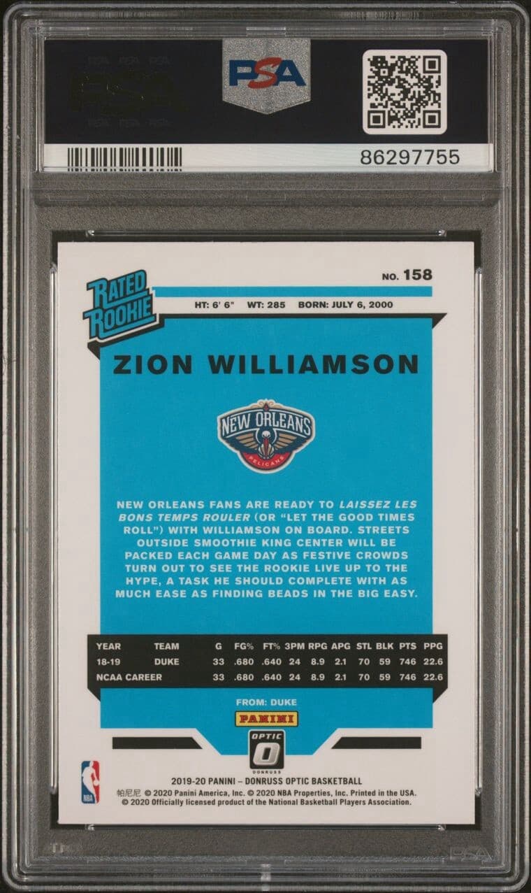 2019-20 Panini Donruss Optic - Rated Rookie #158 Zion Williamson (RC). PSA 9.
