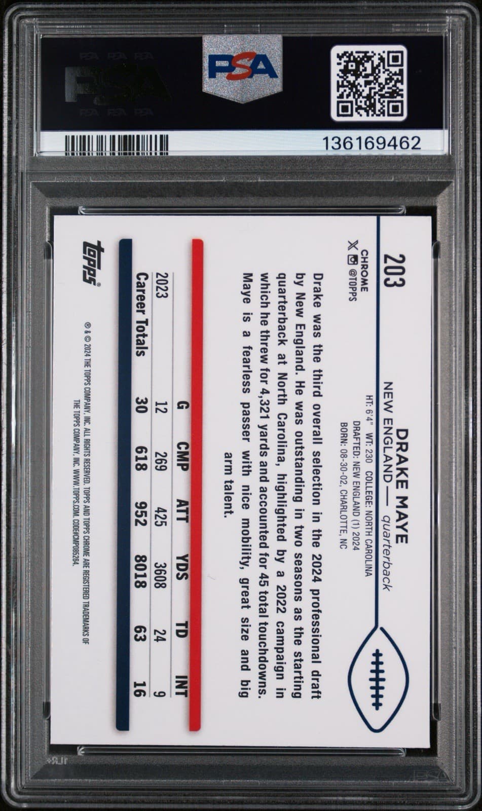 2024 Topps Chrome - Drake Maye #203 Prism Refractor (RC). PSA 7 NM