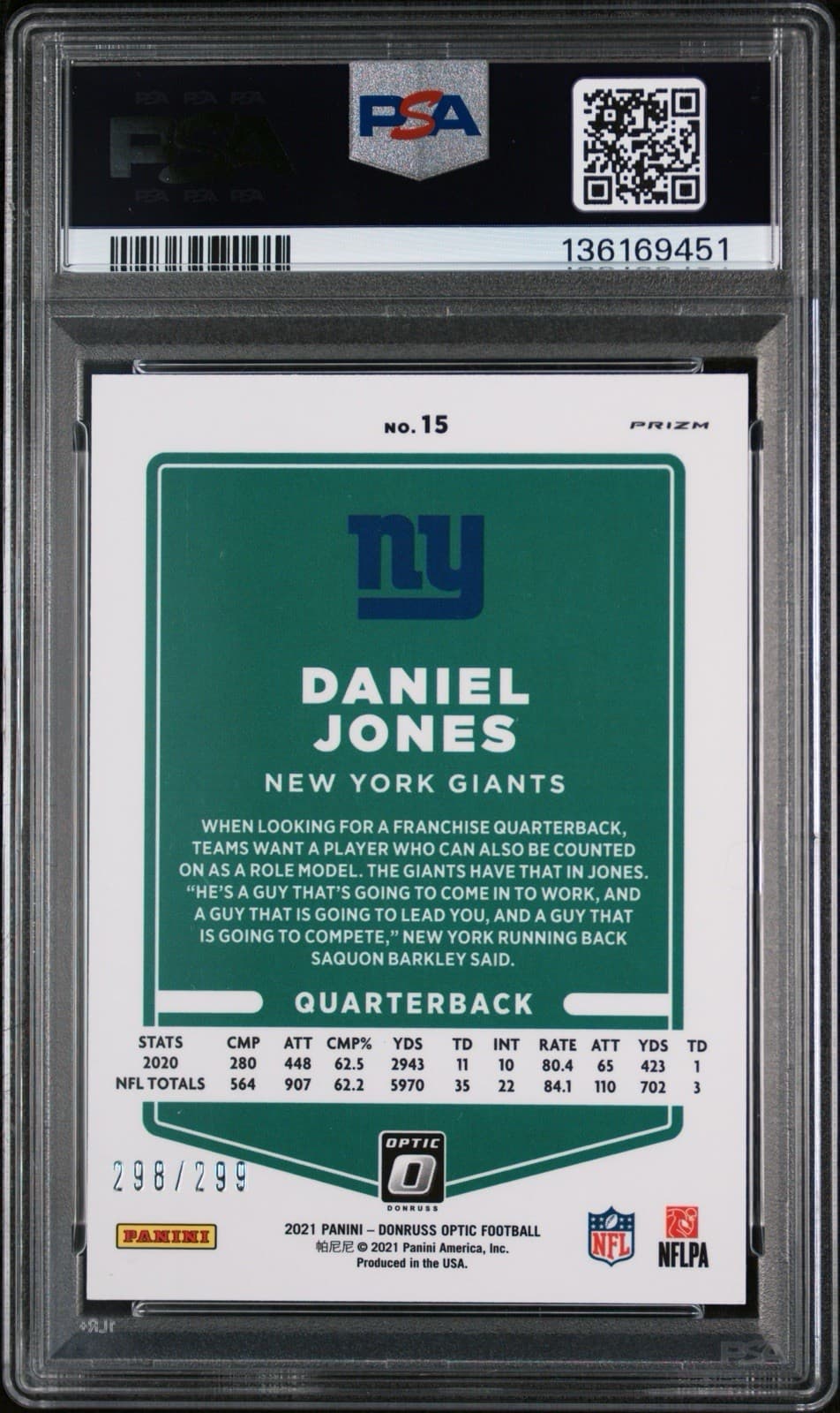 2021 PANINI DONRUSS OPTIC #15 DANIEL JONES AQUA /299. PSA 9 MINT