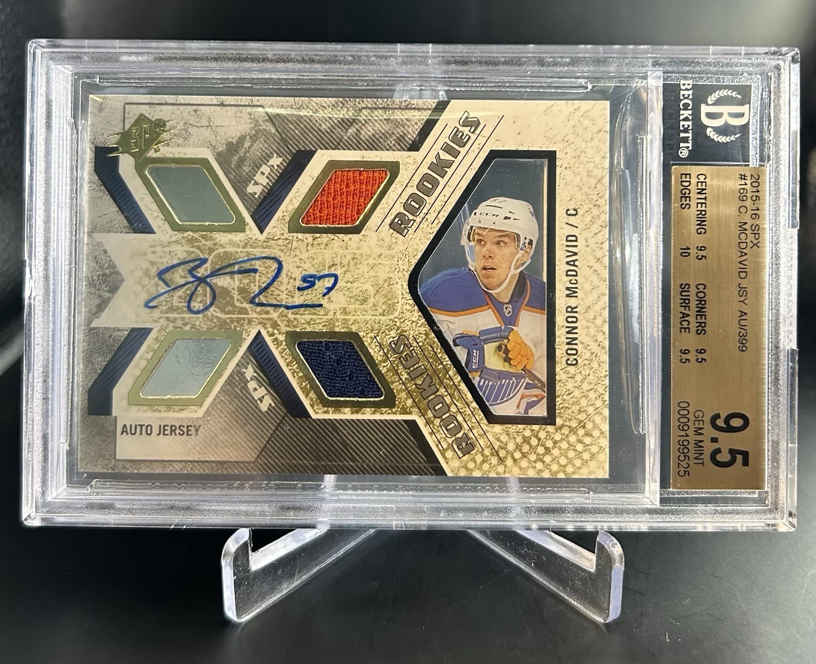 2015-16 SPx - Rookie Auto Jersey Connor McDavid /399. BGS 9.5 Gem Mint w/10 Auto