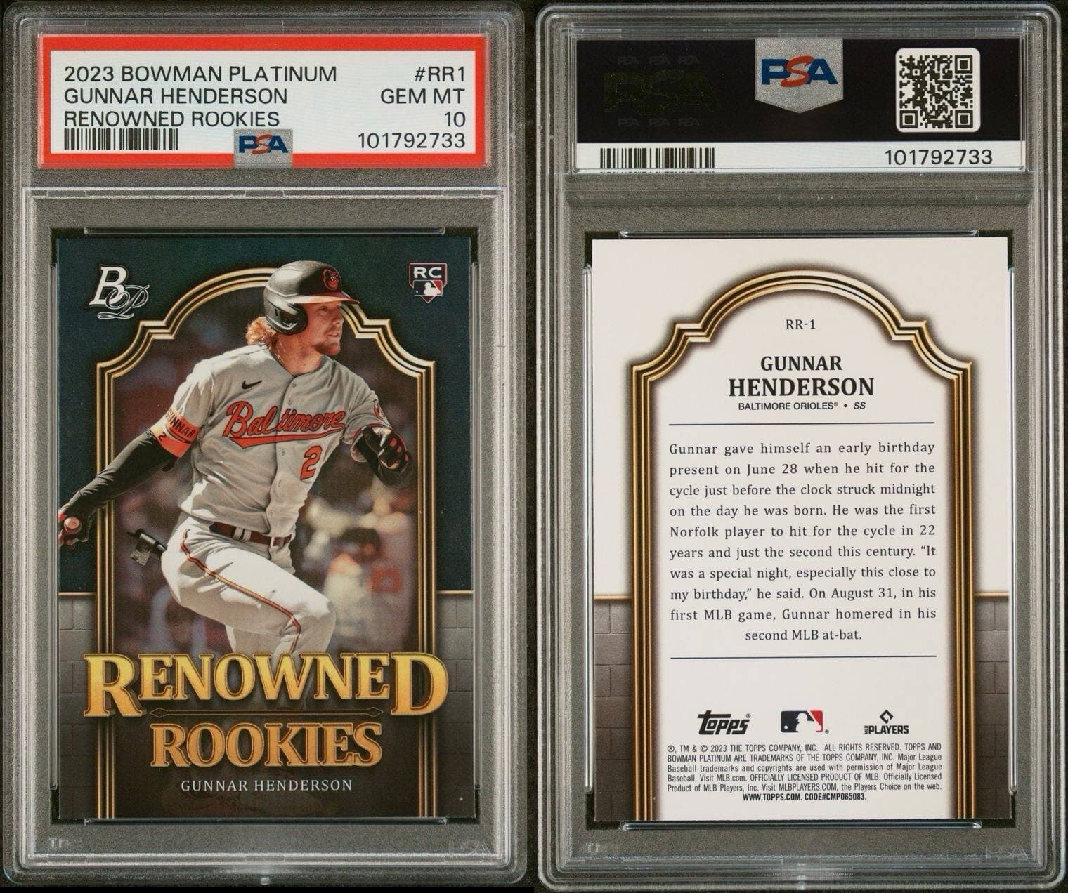 2023 Bowman Platinum - Renowned Rookies Gunnar Henderson (RC). PSA 10. Pop 17!