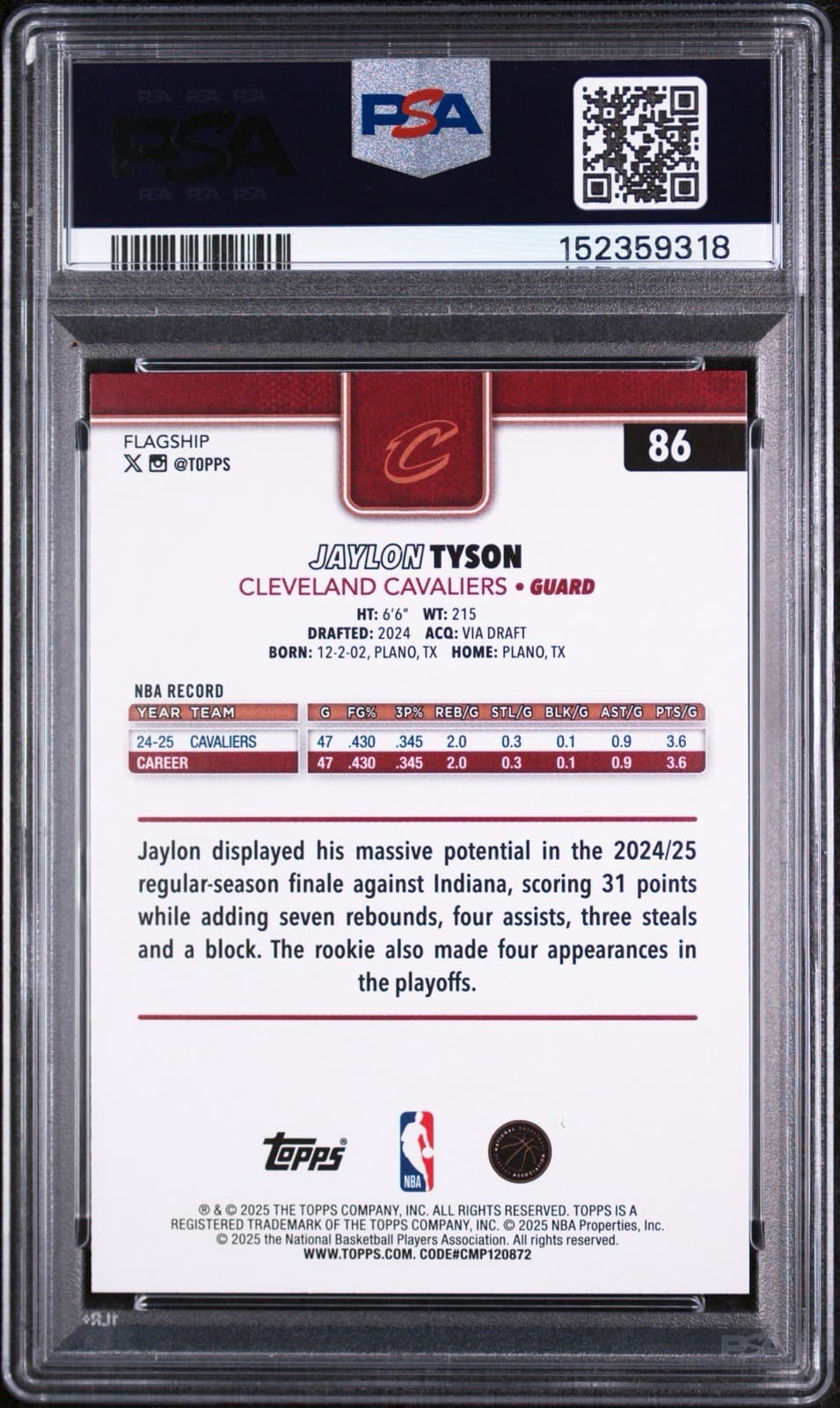 2025-26 Topps - Jaylon Tyson #86 Gold /2025. PSA 9 MINT
