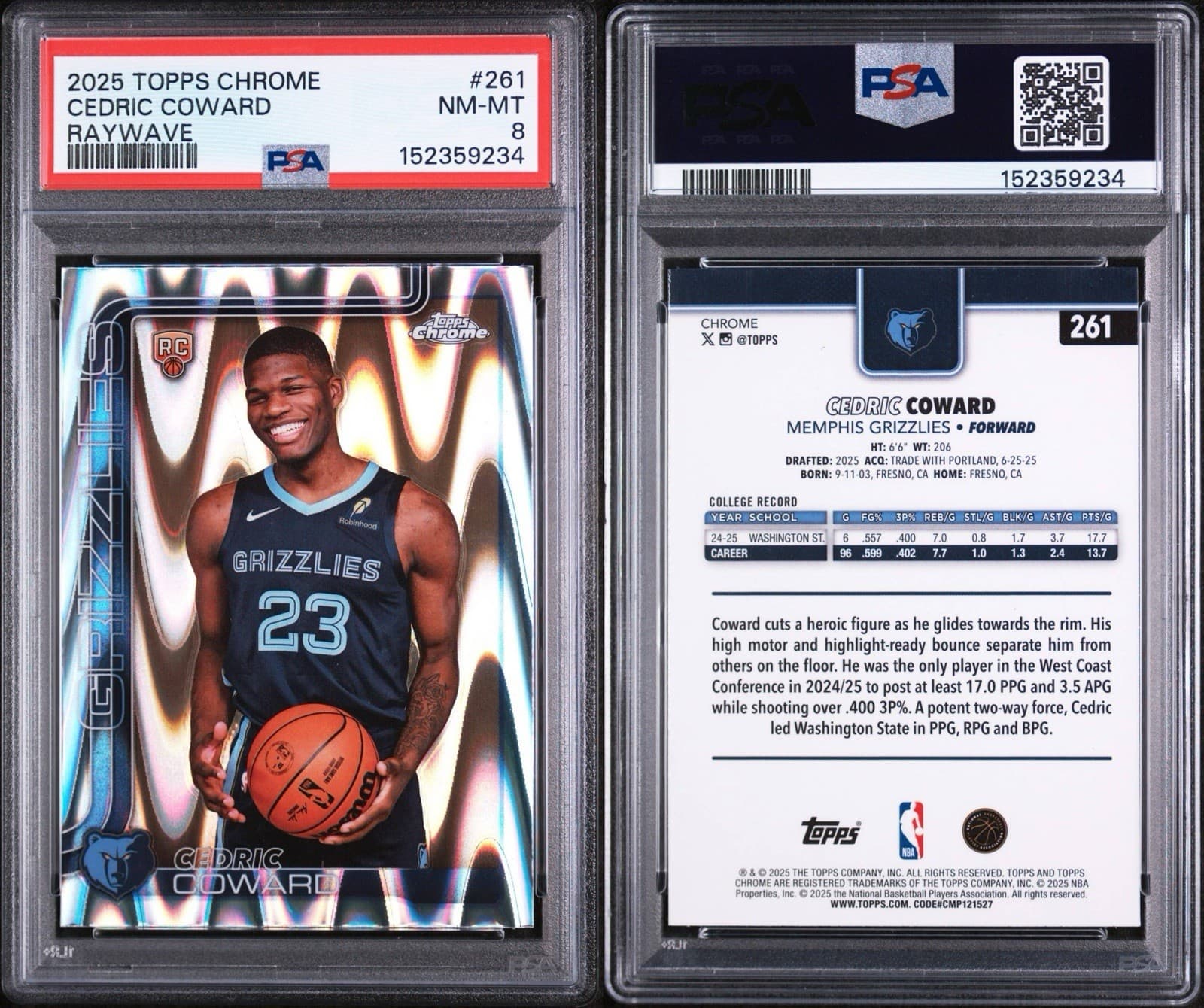 2025-26 Topps Chrome - Cedric Coward #261 RayWave Refractor (RC). PSA 8 NM - MT