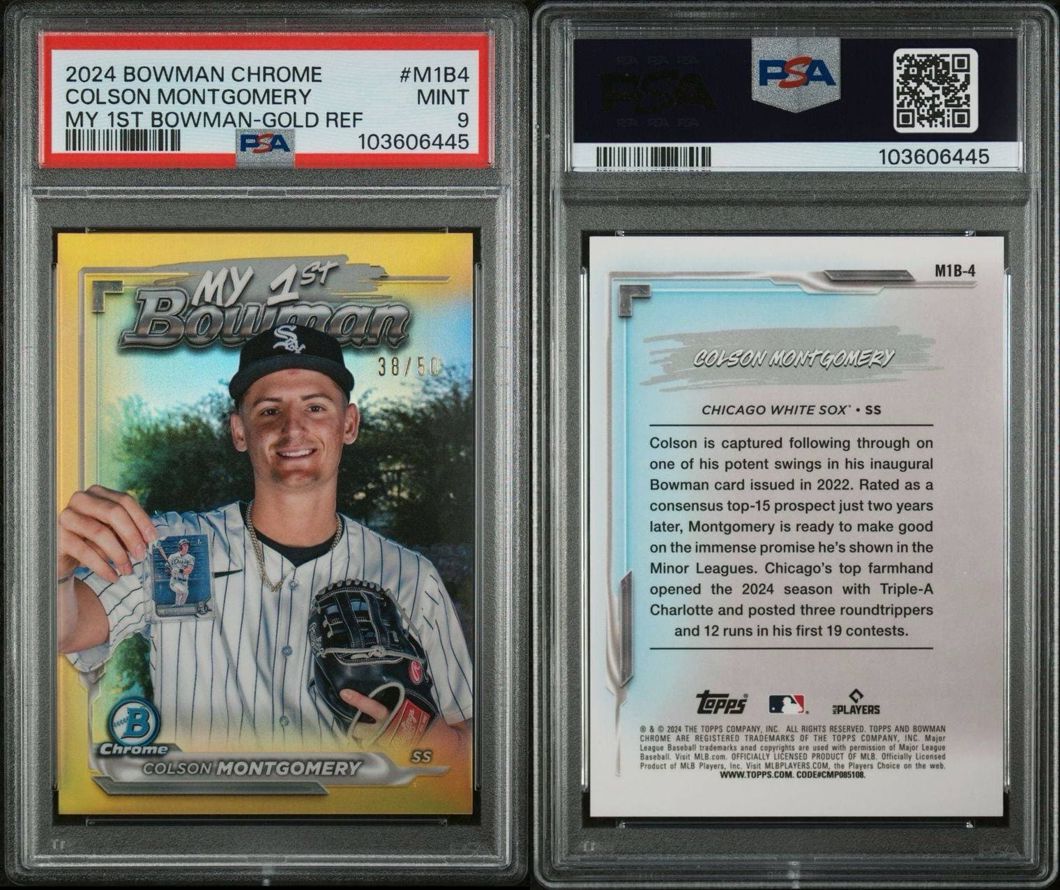 2024 Bowman Chrome Prospects Gold Refractor Colson Montgomery /50. PSA 9. Pop 3!
