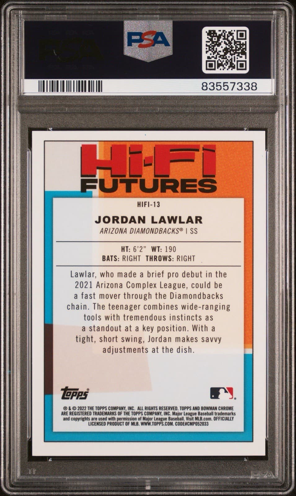 2022 Bowman Hi-Fi Futures Jordan Lawlar Purple Mojo Refractor /250 PSA 10. Pop 2