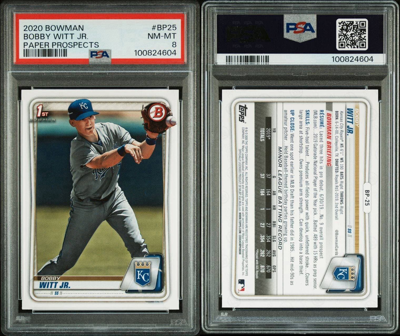 BOBBY WITT JR 1st 2020 Bowman Paper Prospects Royals Rookie. PSA 8 Mint