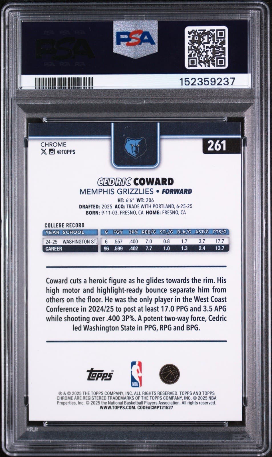 2025-26 Topps Chrome - Cedric Coward #261 (RC). PSA 9 MINT