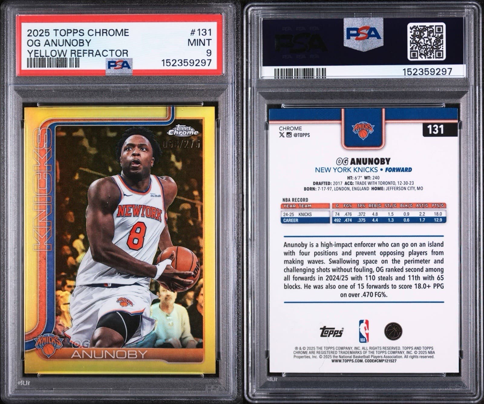 2025-26 Topps Chrome - OG Anunoby #131 Yellow Refractor /275. PSA 9 MINT