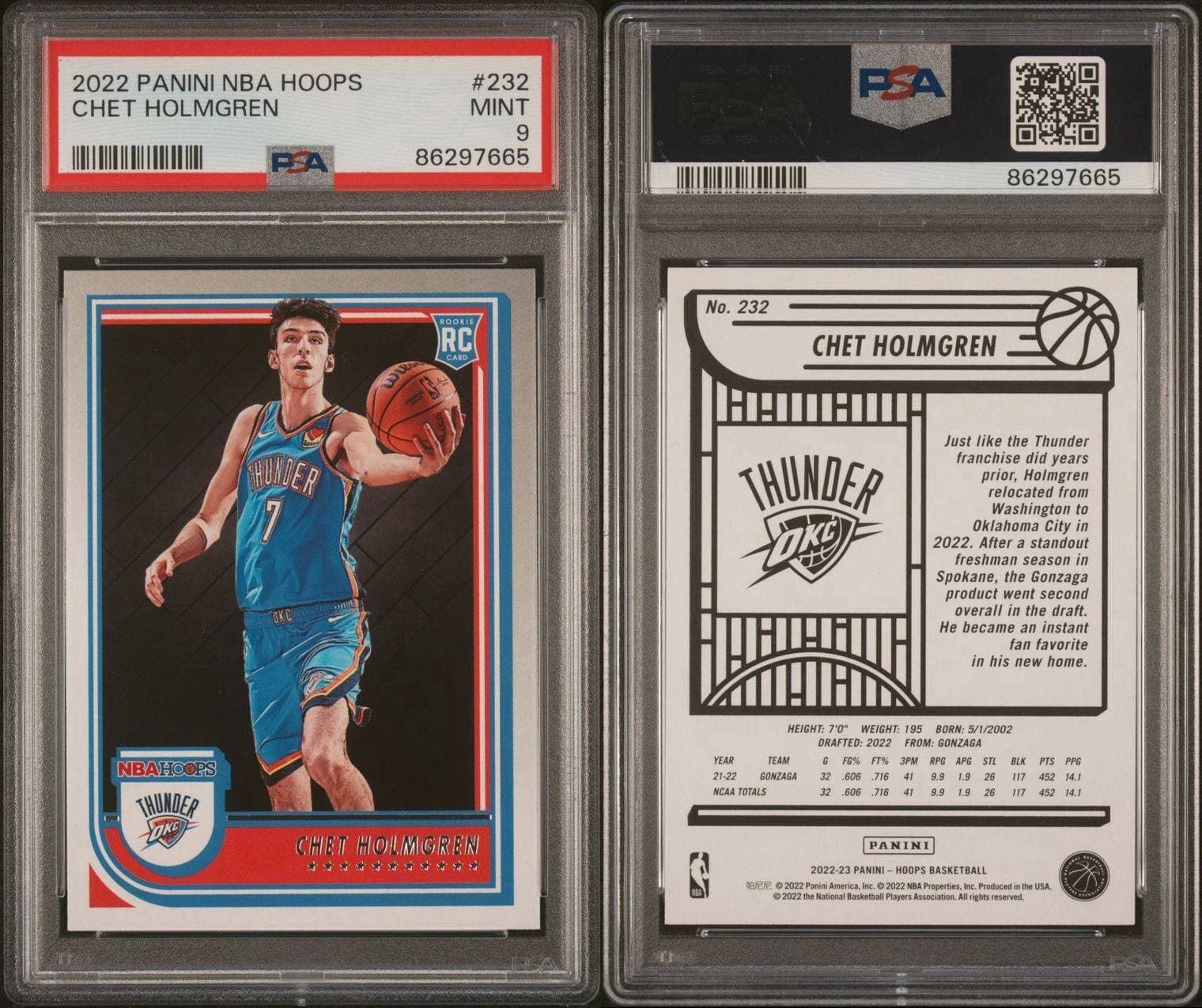 2022-23 Panini NBA Hoops Chet Holmgren Rookie Card #232 PSA 9 NM RC Thunder