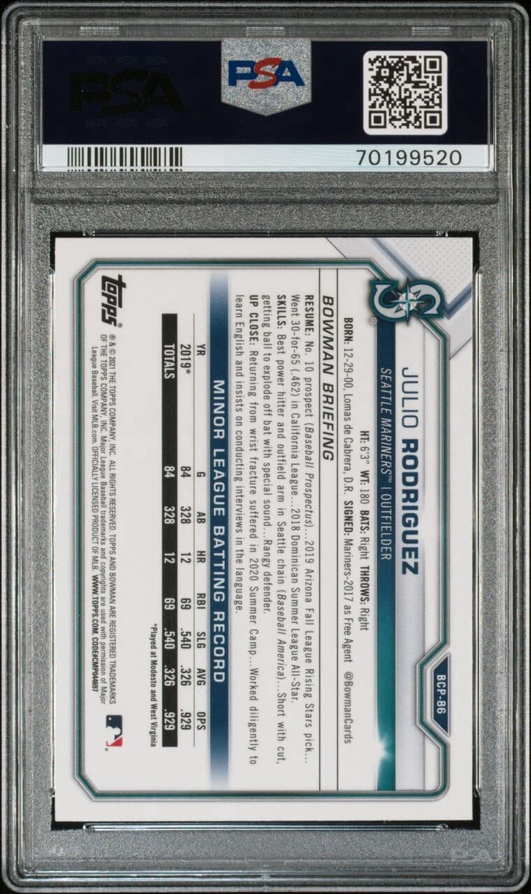 2021 Bowman Mega Box #BCP86 - Julio Rodriguez Chrome PSA 10 GEM MINT Mariners