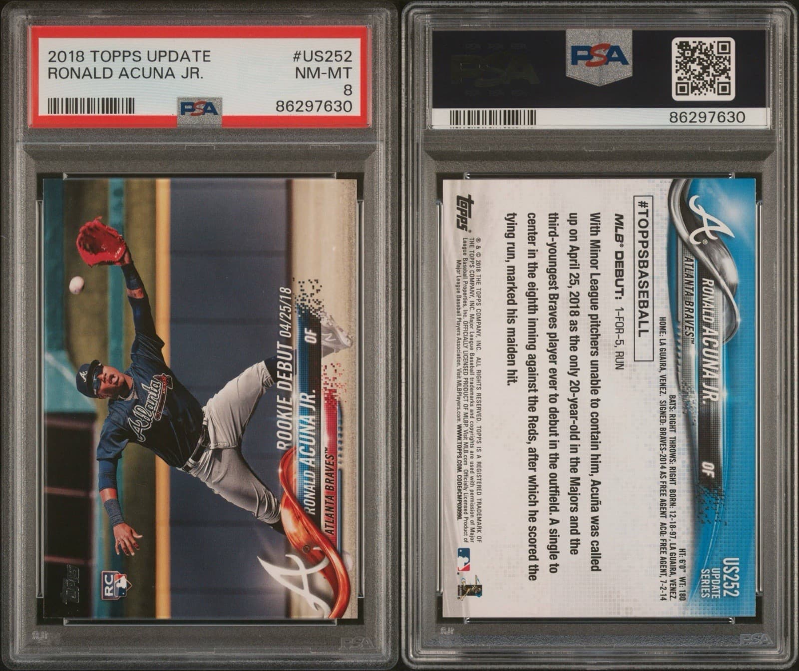 2018 Topps Update Series - Rookie Debut Ronald Acuña Jr. #US252 (RC). PSA 8 thumbnail 3