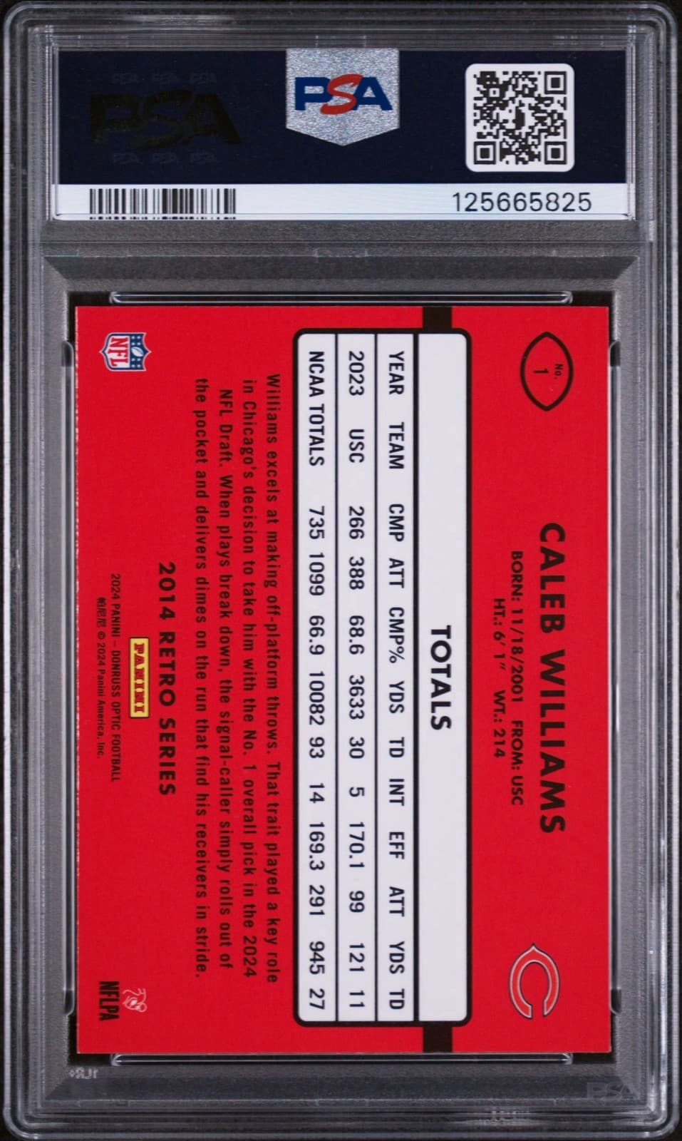 2024 Panini Donruss Optic - 2014 Retro Series Caleb Williams #1 (RC). PSA 8