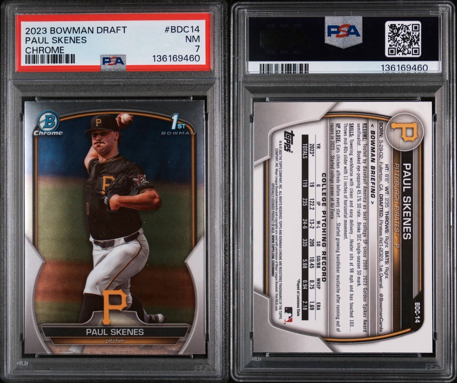 2023 Bowman Draft - Chrome Paul Skenes #BDC-14 (RC). PSA 7 NM