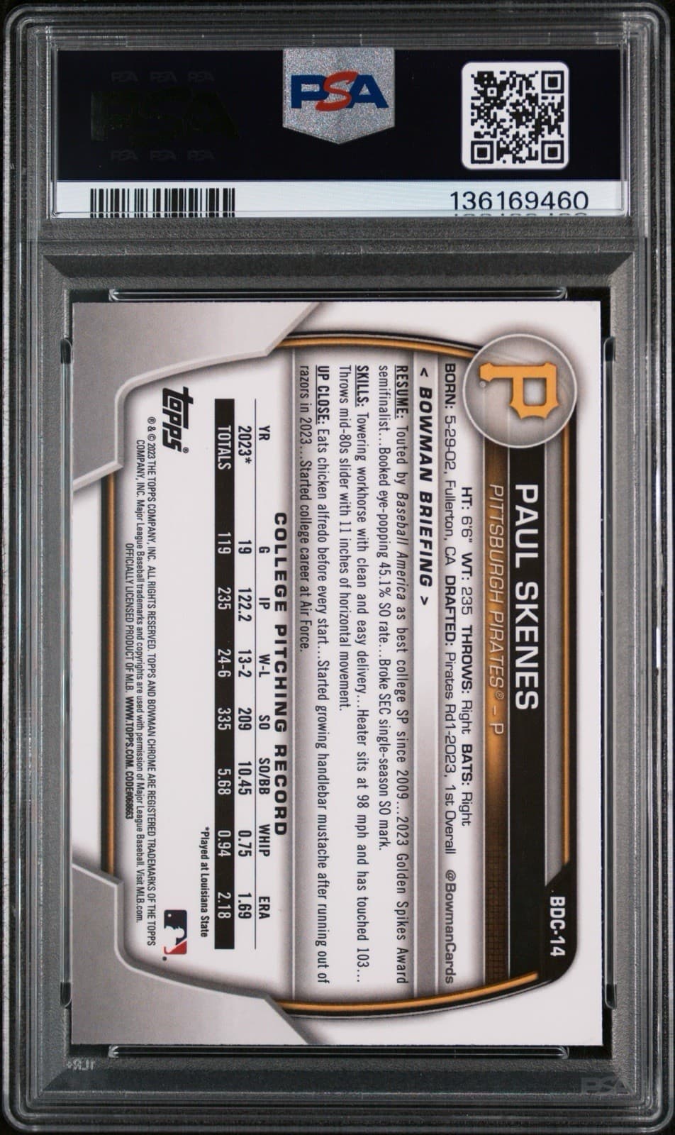 2023 Bowman Draft - Chrome Paul Skenes #BDC-14 (RC). PSA 7 NM