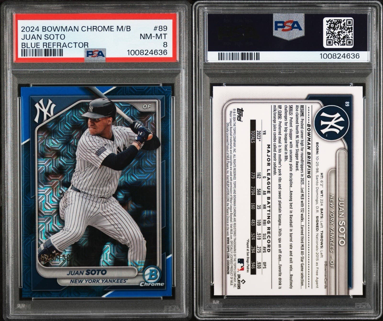 2024 Bowman Chrome - Juan Soto #89 Blue Mojo Refractor /150. PSA 8.