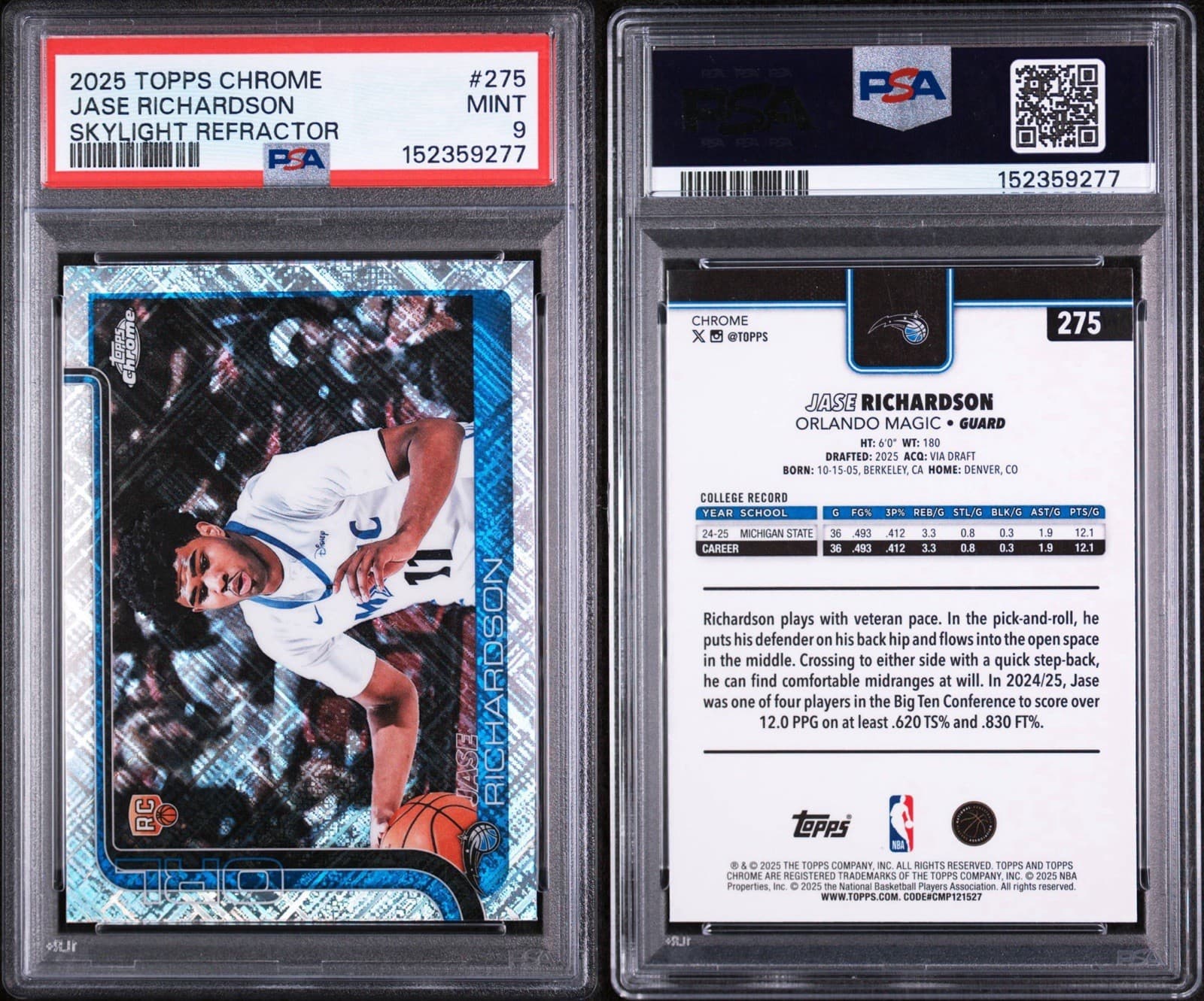 2025 TOPPS CHROME #275 JASE RICHARDSON (RC) SKYLIGHT REFRACTOR. PSA 9 MINT