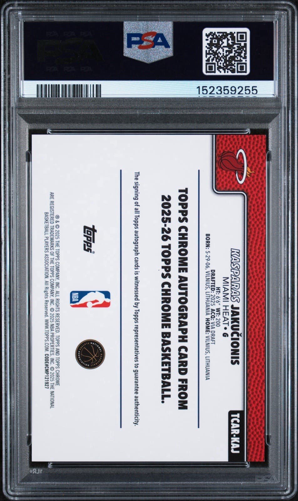 2025 Topps Chrome - Rookie Autographs Kasparas Jakucionis #TCAR-KAJ (RC). PSA 10