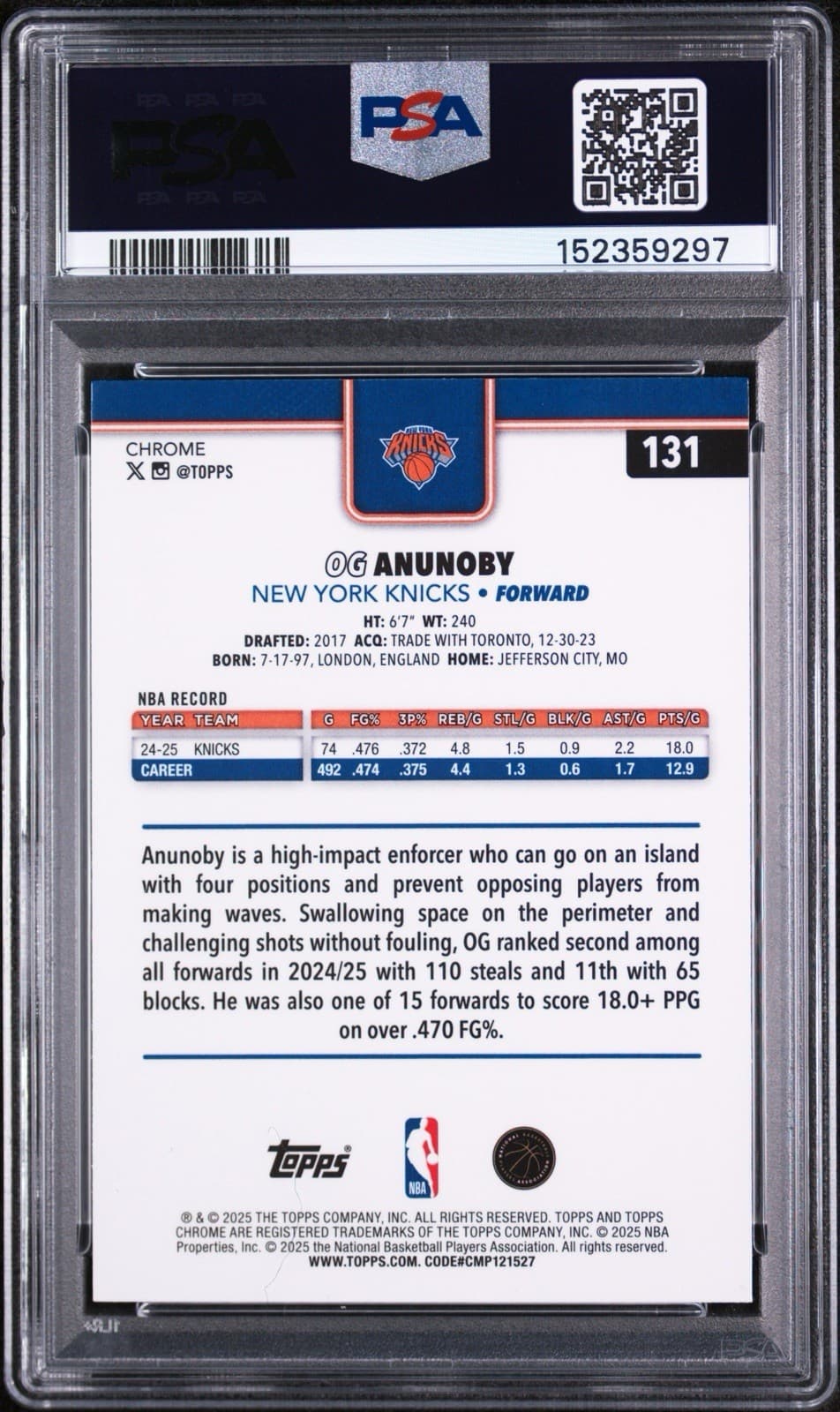 2025-26 Topps Chrome - OG Anunoby #131 Yellow Refractor /275. PSA 9 MINT