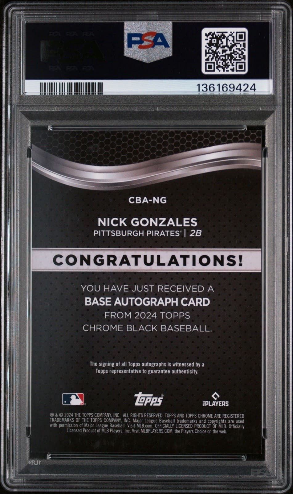 2024 Topps Chrome Black - Nick Gonzales (RC) Autographs #CBA-NG. PSA 9 MINT