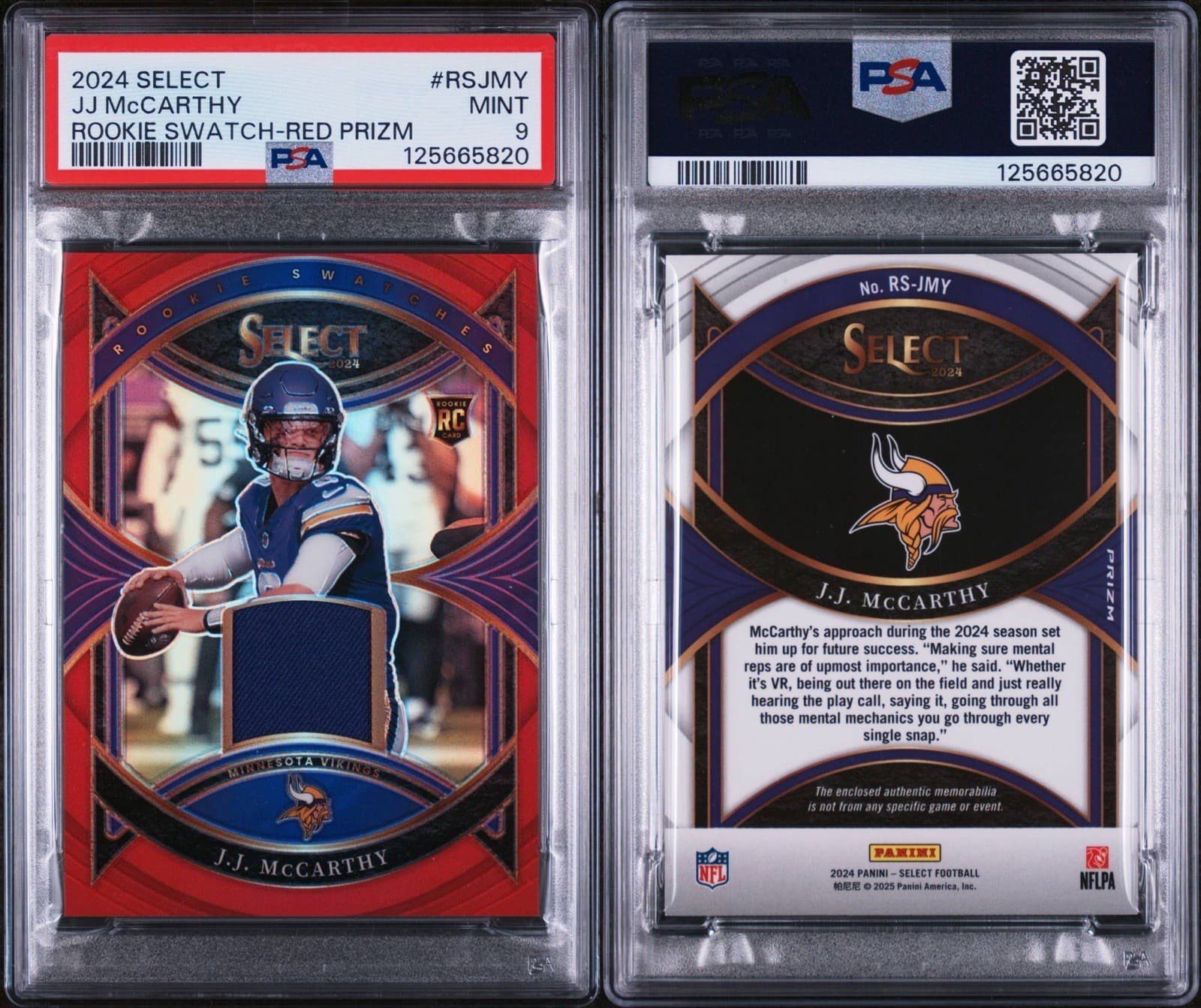 2024 Panini Select - Rookie Swatches J.J. McCarthy #RS-JMY Red Prizm (RC). PSA 9