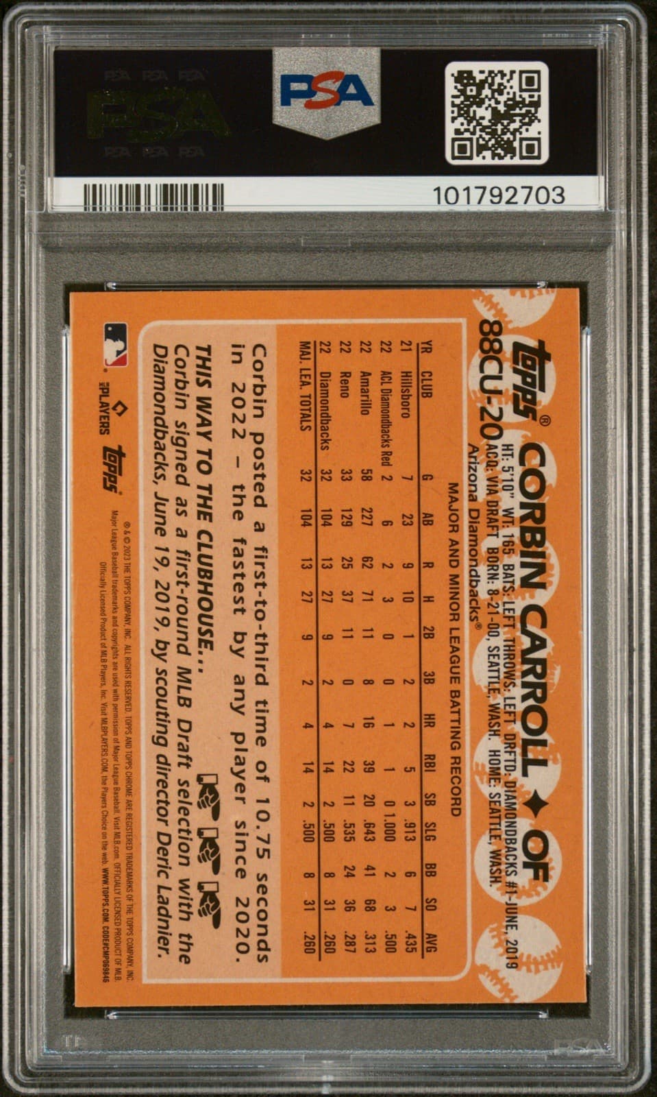 2023 Topps Chrome Update - 1988 Topps Baseball Corbin Carroll #88CU-20. PSA 9.