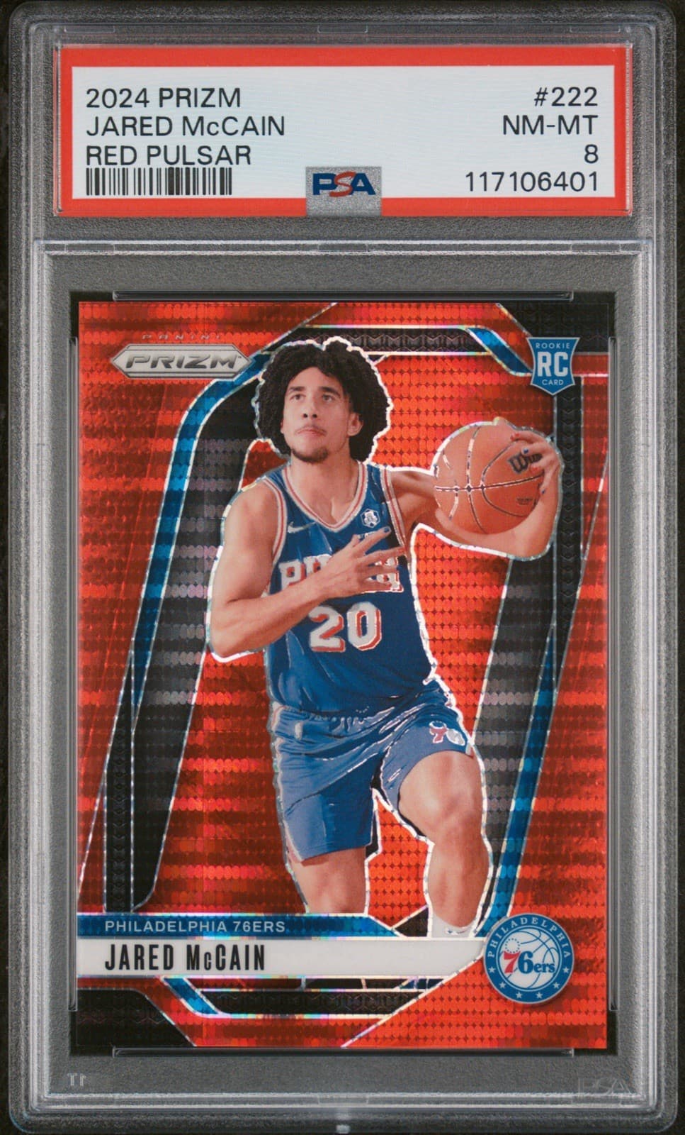 2024-25 Panini Prizm  Jared McCain (RC) Red Pulsar Prizm /75. PSA 8  NM - MT