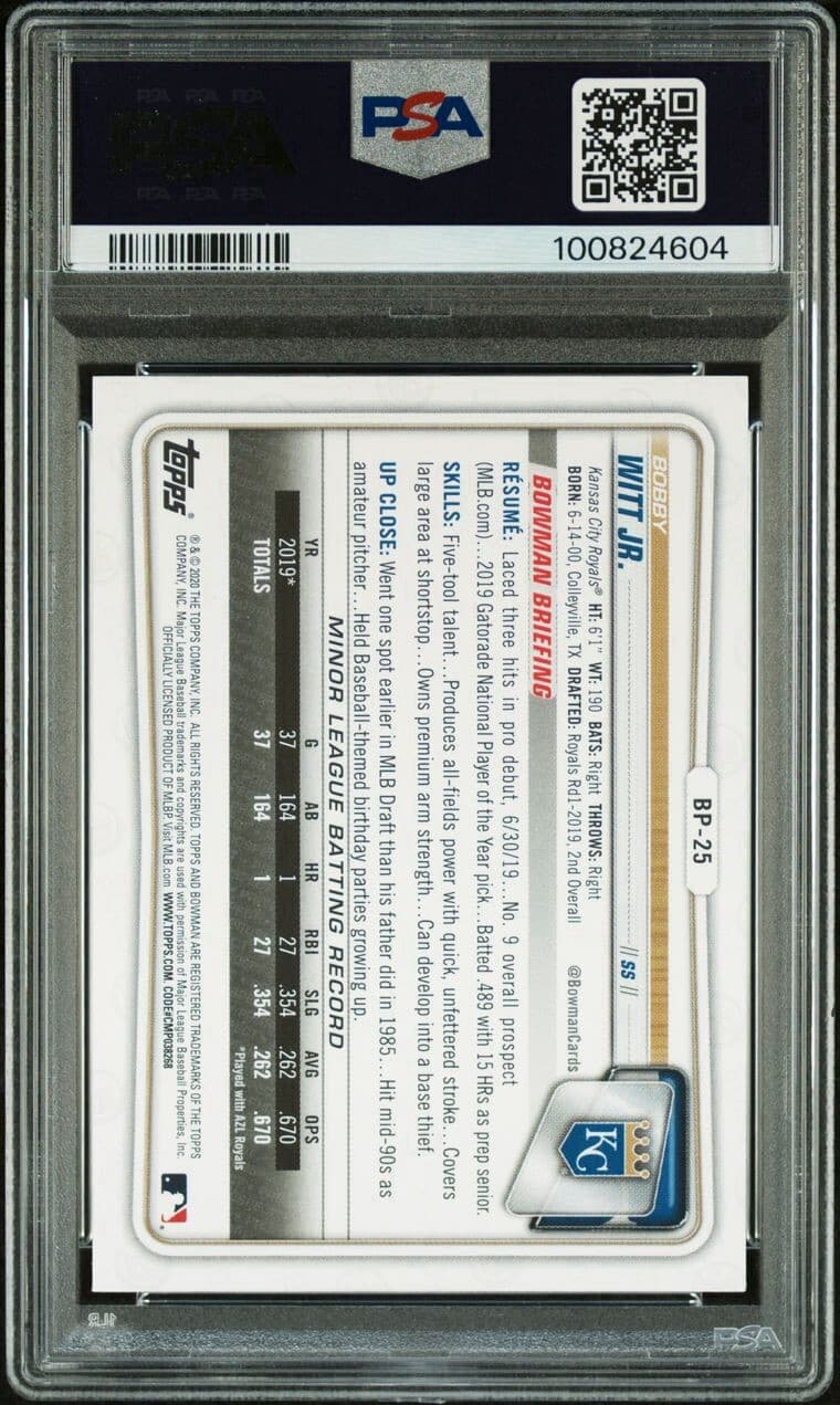 BOBBY WITT JR 1st 2020 Bowman Paper Prospects Royals Rookie. PSA 8 Mint