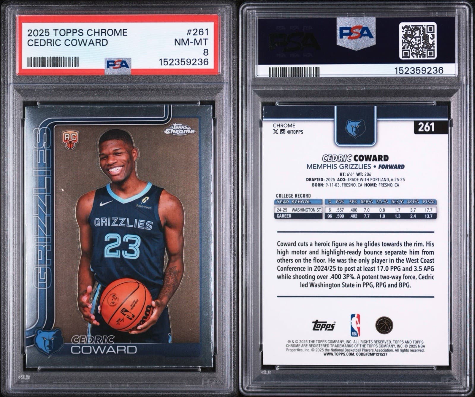 2025-26 Topps Chrome - Cedric Coward #261 (RC). PSA 8 NM-MT