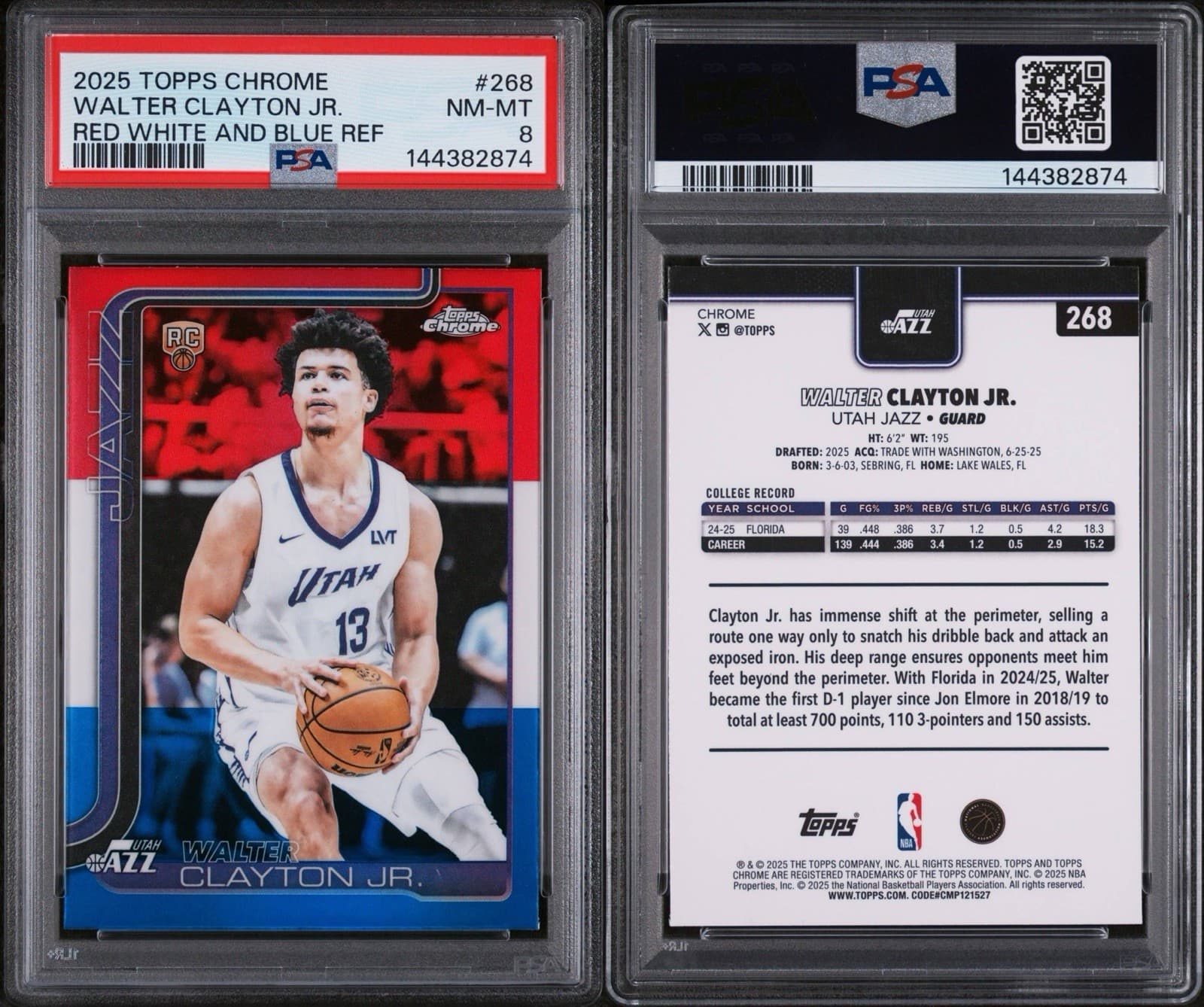 2025-26 Topps Chrome - Walter Clayton Jr. Red White & Blue Refractor (RC). PSA 8