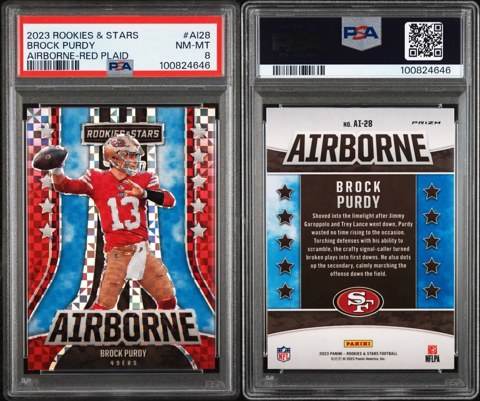 2023 Panini Rookies & Stars - Airborne Red Plaid Prizm #AI-28 Brock Purdy. PSA 8