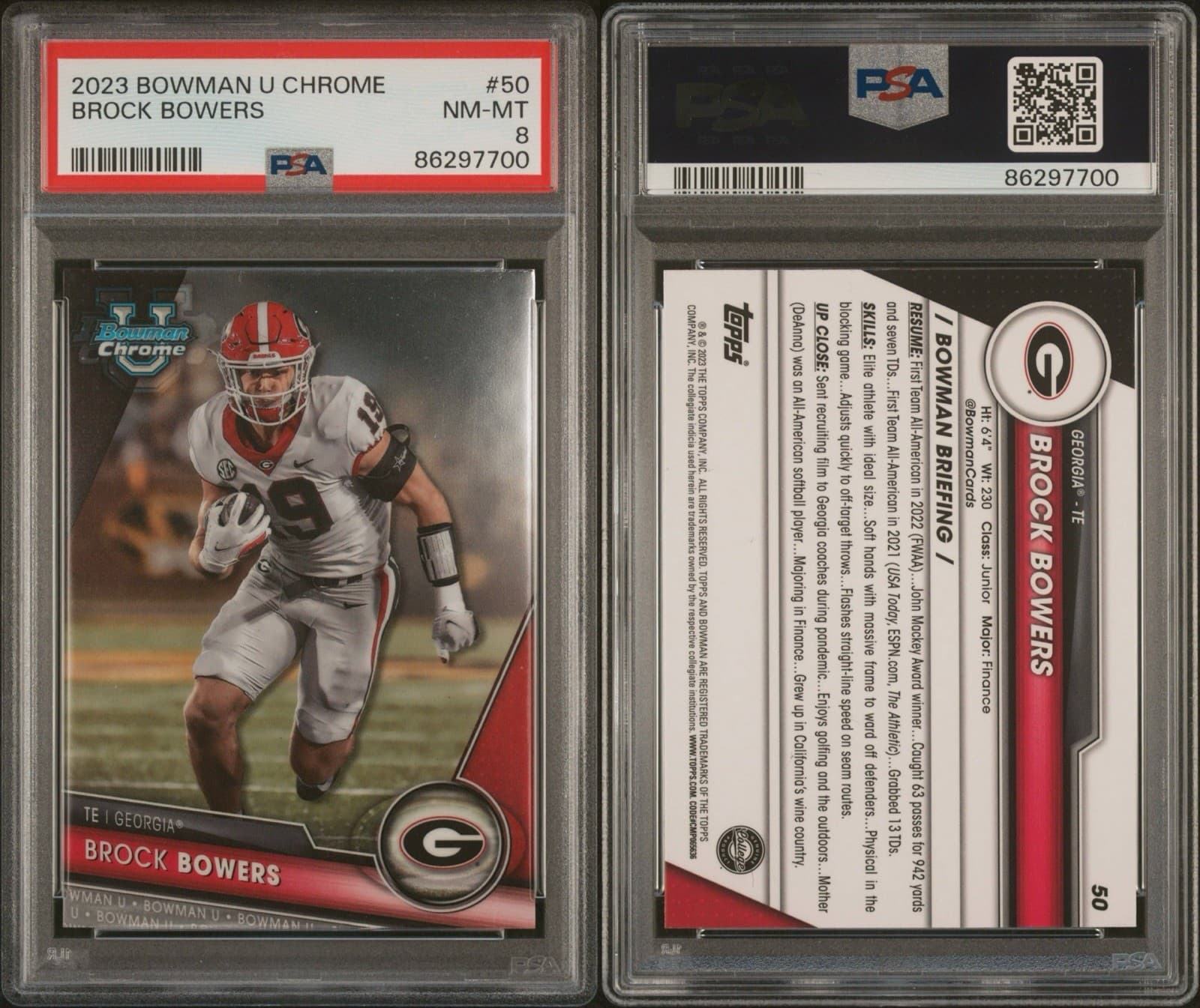 2023 Bowman University Chrome - Brock Bowers #50 (RC). PSA 8 NM - MT
