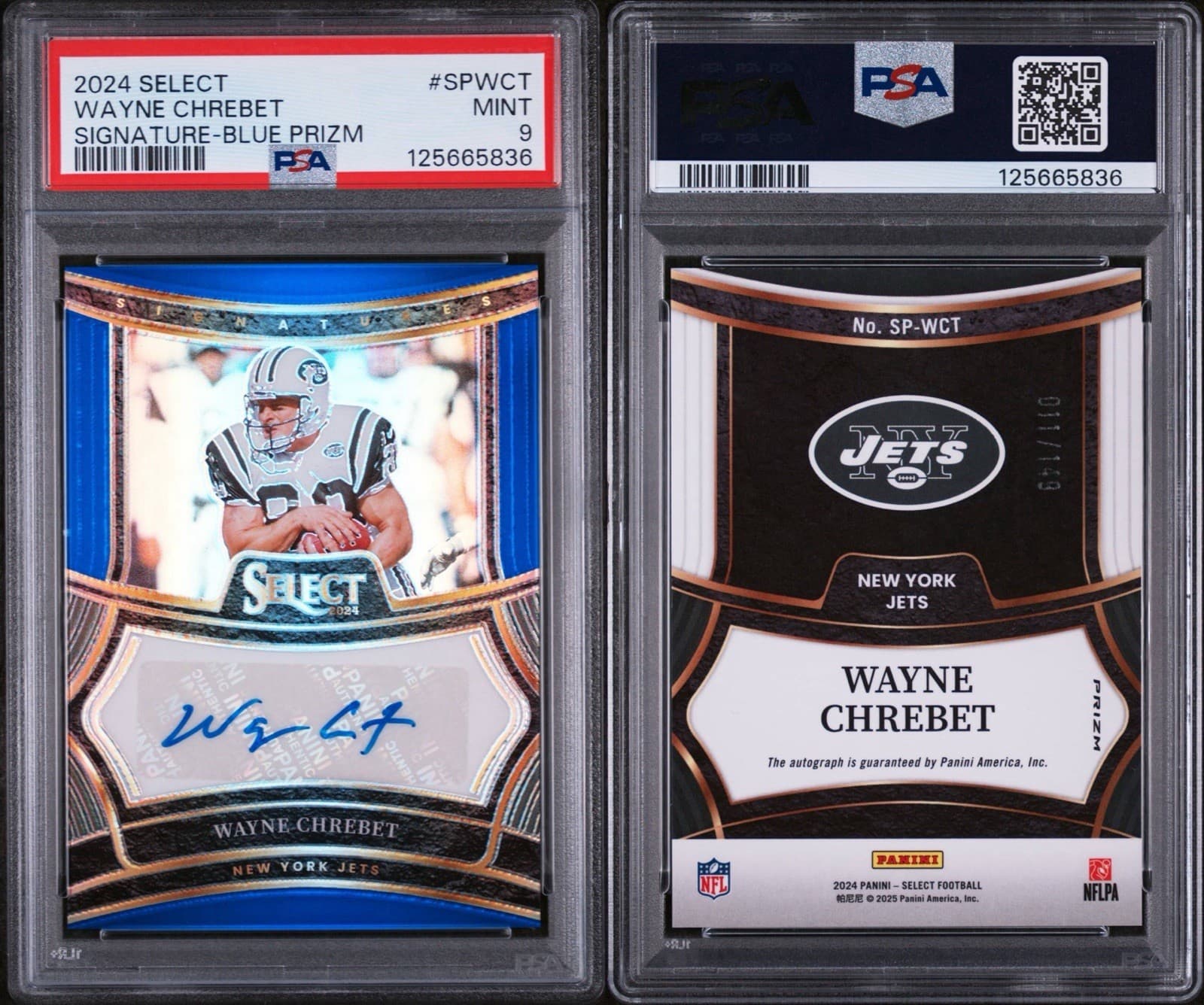 2024 Panini Select - Signatures Wayne Chrebet #SPWCT Blue Prizm /149. PSA 9 MINT