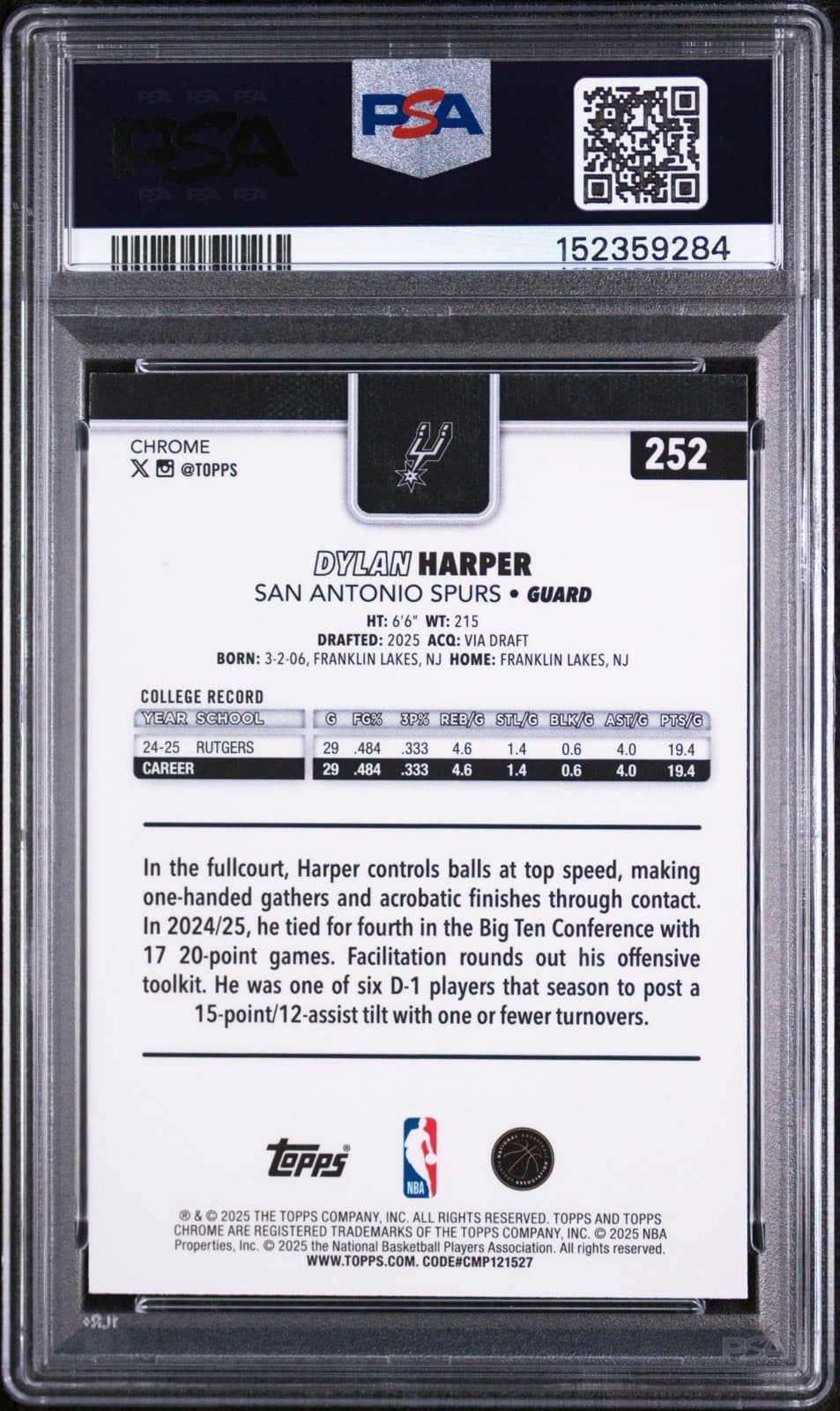 2025-26 Topps Chrome - Dylan Harper #252 (RC). PSA 9 MINT