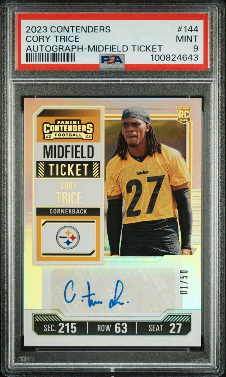 2023 Contenders Midfield Ticket Auto Cory Trice 1/50 First On Print PSA 9. Pop 1