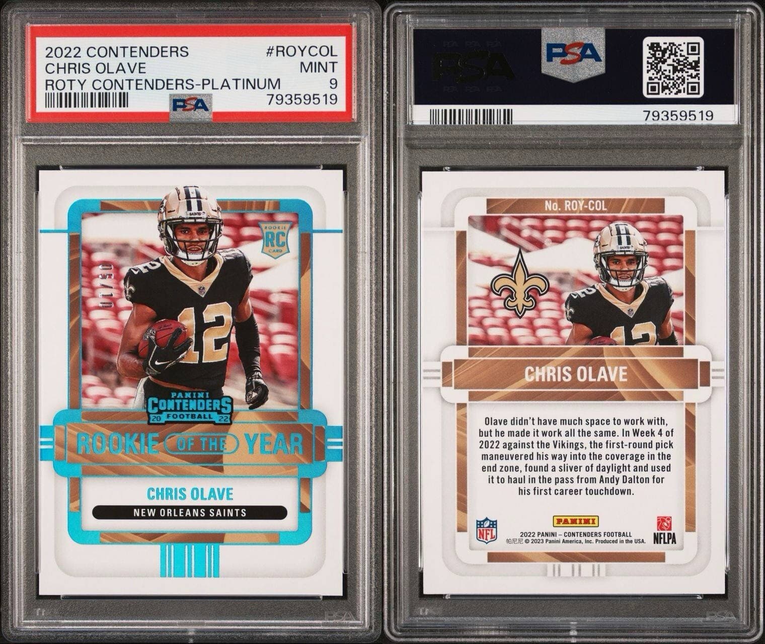 2022 Contenders Chris Olave ROTY Contenders-Platinum /10 #ROYCOL PSA 9