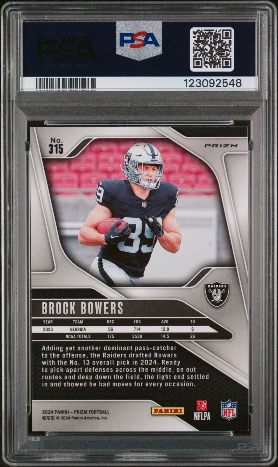 2024 Panini Prizm - Rookies Brock Bowers #315 Red White & Blue Prizm (RC). PSA 8