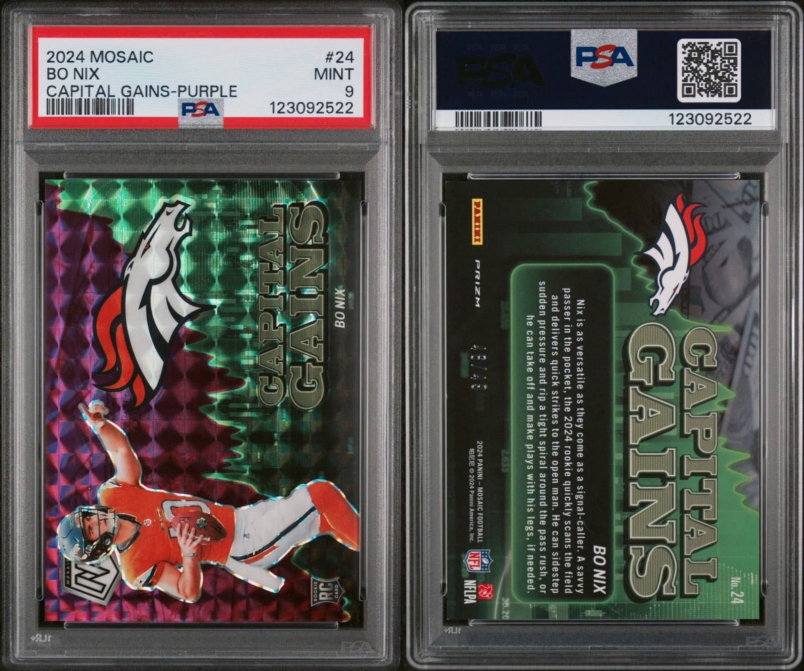 2024 Panini Mosaic - Bo Nix (RC)  #24 Capital Gains - Purple /49. PSA 9 Mint