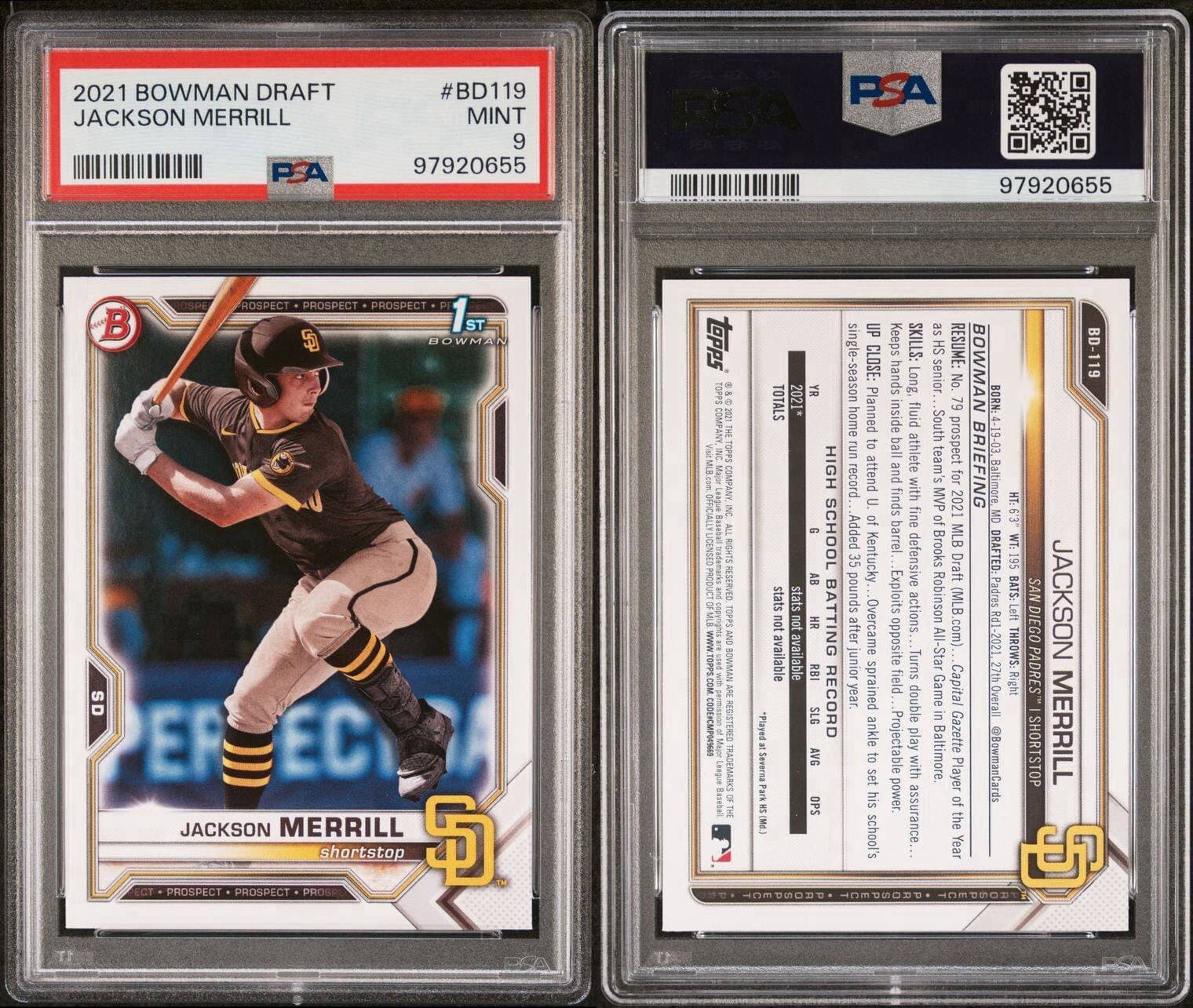 2021 BOWMAN DRAFT JACKSON MERRILL BD119 PSA 9 MINT  1ST BOWMAN