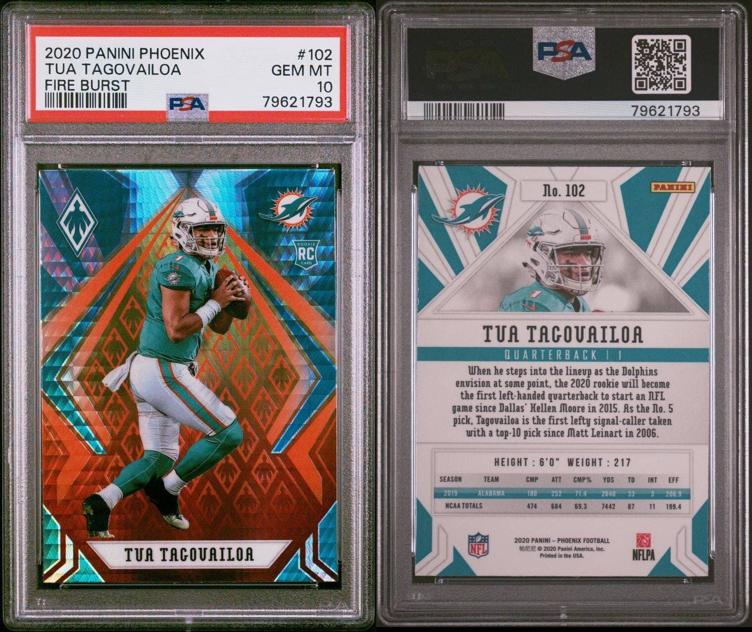 2020 Panini Phoenix Fire Burst #102 Tua Tagovailoa Dolphins RC Rookie PSA 10