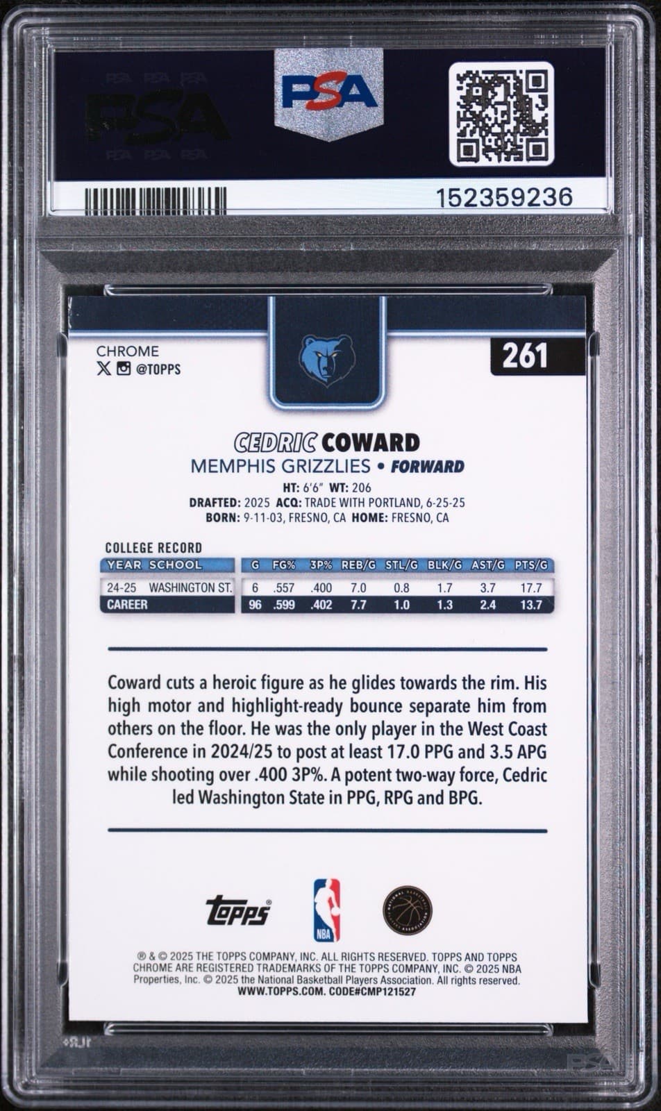 2025-26 Topps Chrome - Cedric Coward #261 (RC). PSA 8 NM-MT