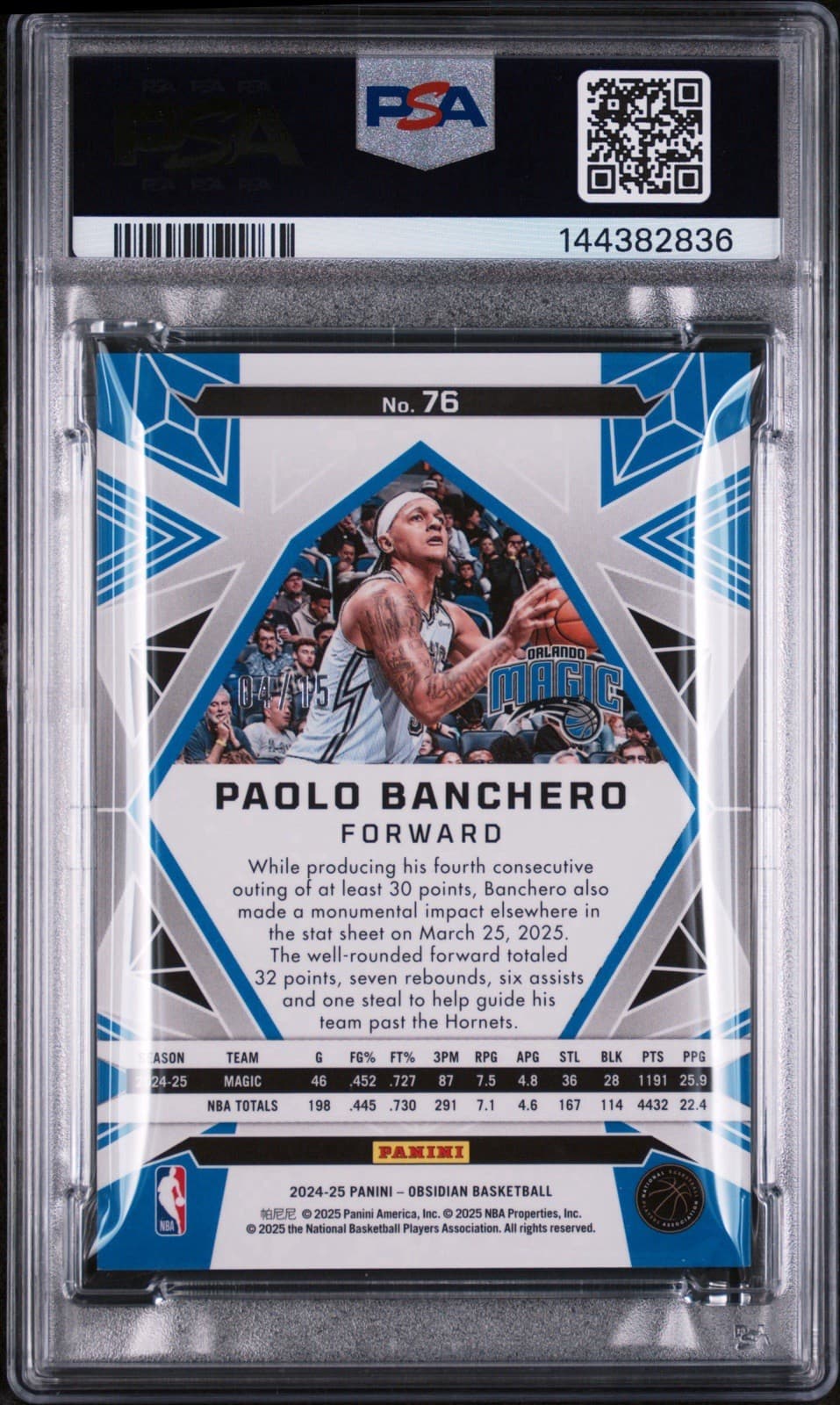 2024 Obsidian - Paolo Banchero #76 Electric Etch Hot Springs /15. PSA 8 NM - MT