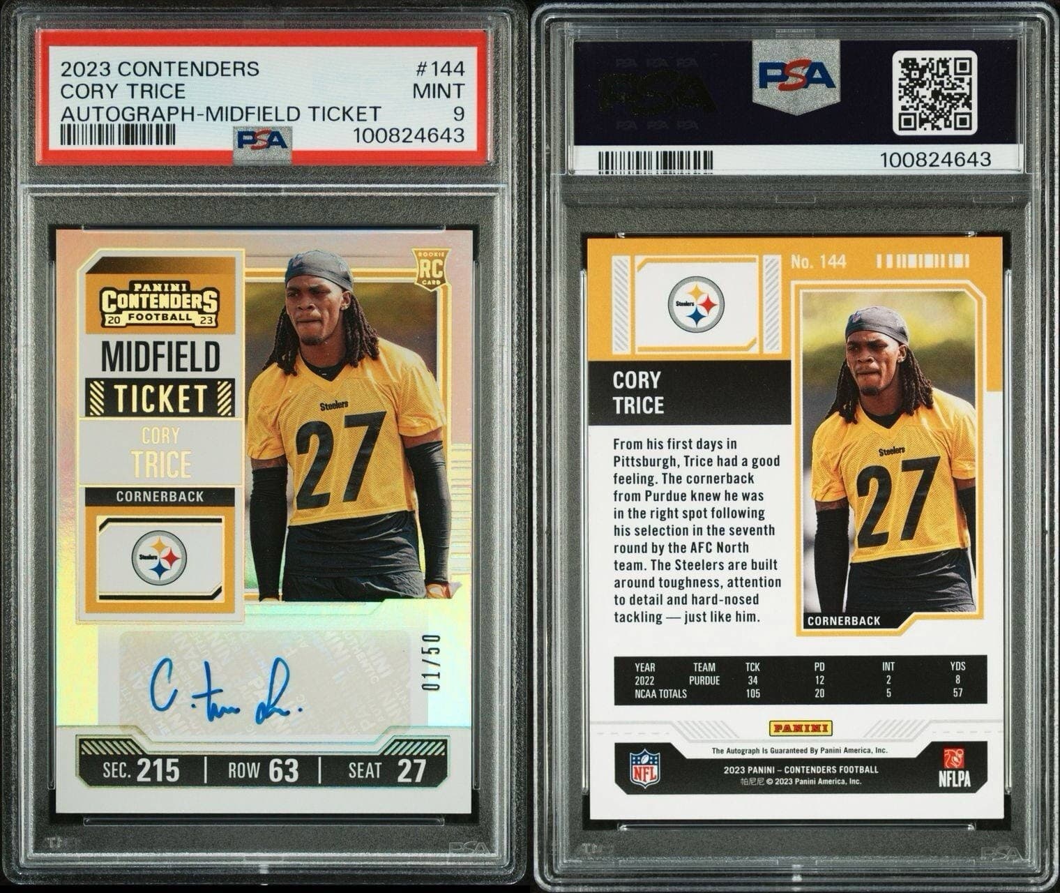 2023 Contenders Midfield Ticket Auto Cory Trice 1/50 First On Print PSA 9. Pop 1