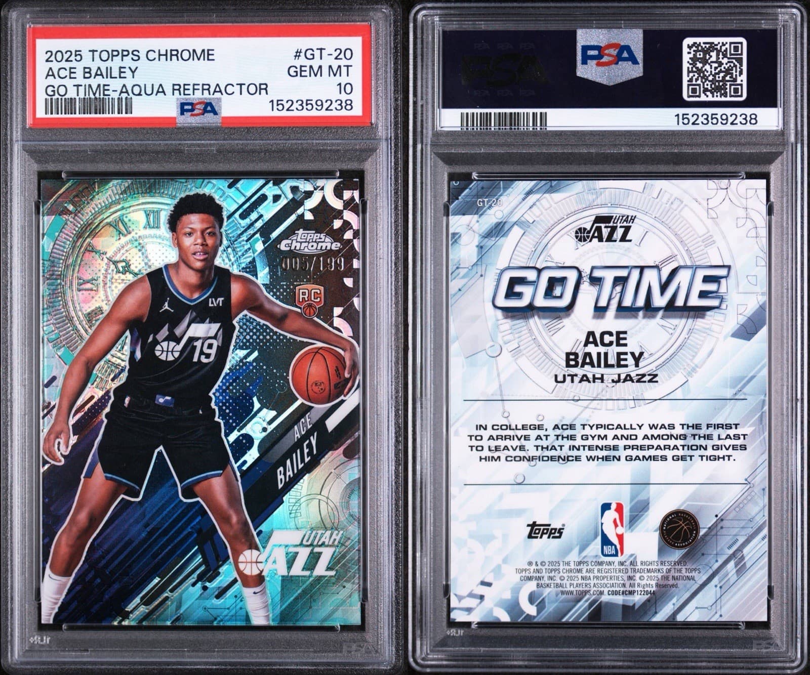 2025 Topps Chrome #GT-20 Ace Bailey Go Time Aqua Refractor (RC) /199. PSA 10 GEM