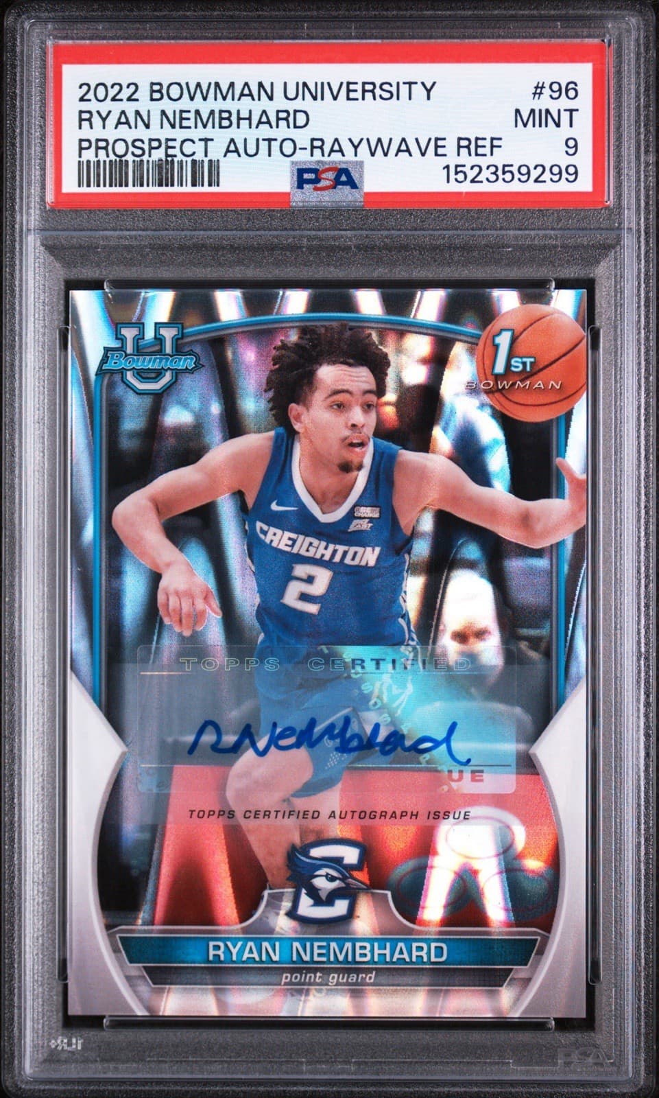 2022 Bowman Univ Chrome Ryan Nembhard #96 Prospect Auto - RayWave Ref /199 PSA 9