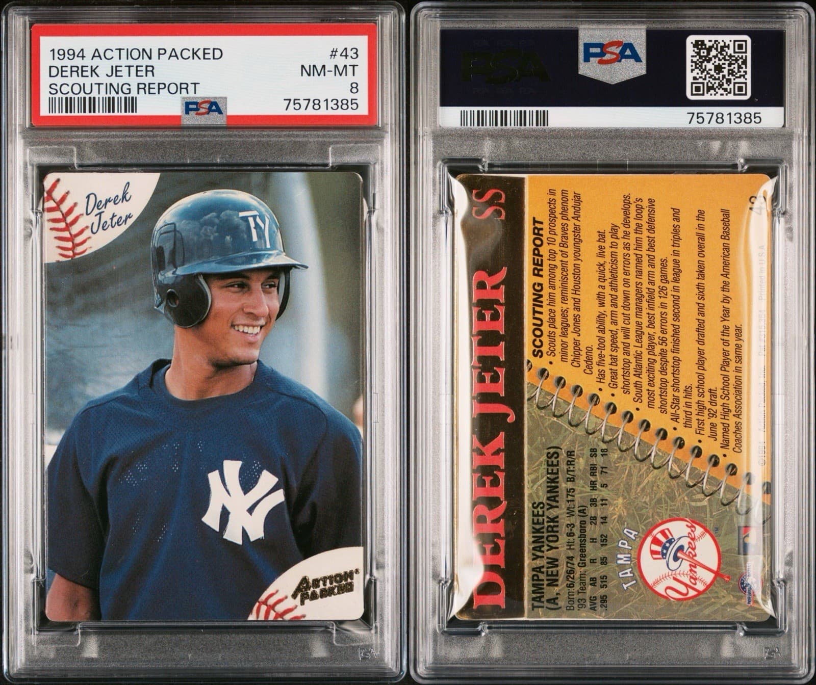 Derek Jeter 1994 Action Packed Scouting Report #43. PSA 8 NM-MT