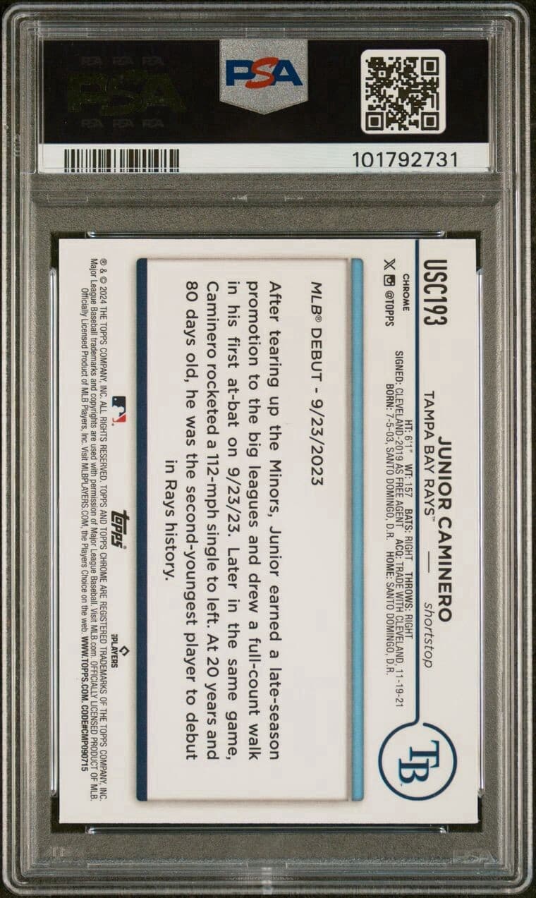 2024 Topps Chrome Update - Junior Caminero Rookie Debut X-Fractor #USC193. PSA 9