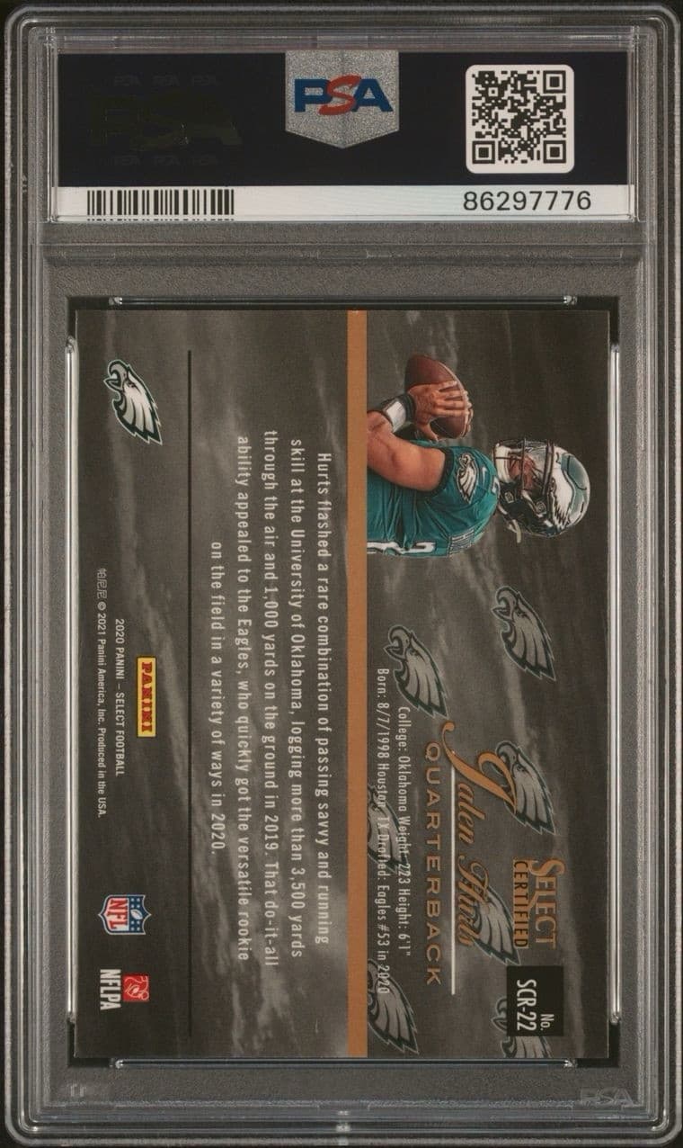 2020 Panini Select - Select Certified Rookies #SCR-22 Jalen Hurts (RC). PSA 9.